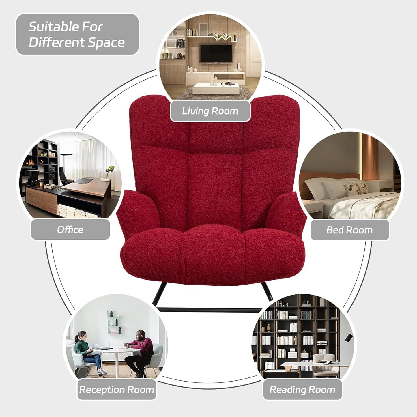 Rocking Chair Nursery Teddy Upholstered Glider Rocker Rocking Accent Chair Padded Seat with High Backrest Armchair Comfy Side Chair for Living Room Bedroom Offices (Burgundy Teddy)