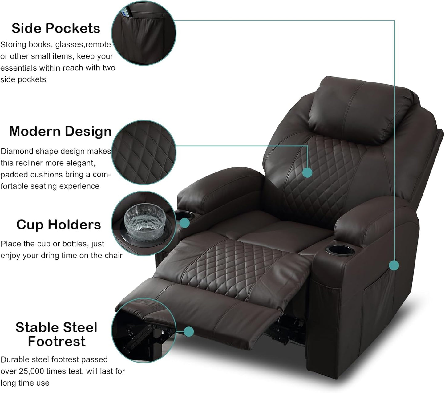 Power Recliner Chair with Heat and Massage for Adults - Home Theater Seating with LED Lights,Cup Holders,Side Pocket,USB Port - Recliner Sofa for Living Room(Brown, Single Recliner)