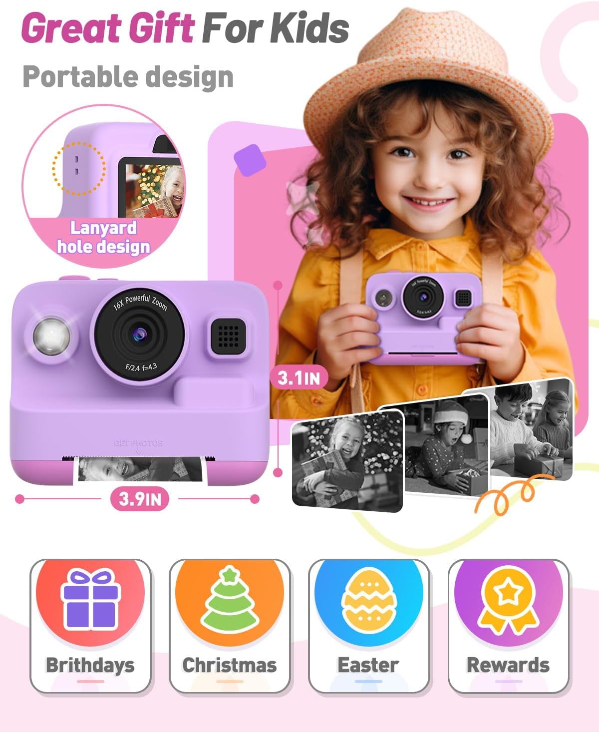Instant Print Camera for Kids, Christmas Birthday Gifts for 3-12 Year Old Girls Boys, 2.4in Screen 1080P Video Digital Camera Toys for Kids Age 4 5 6 7 8 9 10 with 3 Rolls Print Paper 32G Card