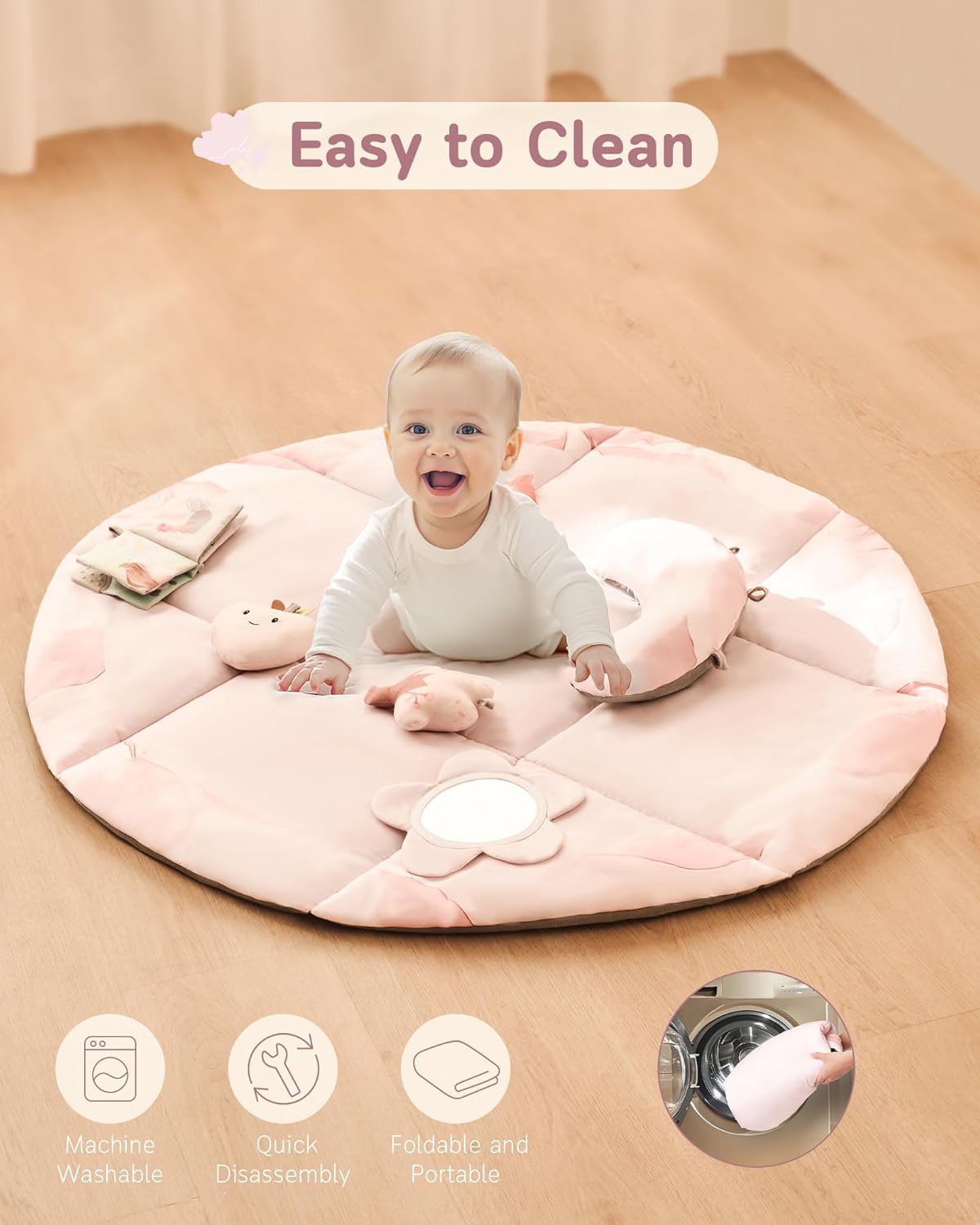 Fortella Baby Play Gym & Activity Mat, Tummy Time Mat w 5 Detachable Toys and Pillow, Large Sensory Playmat for Floor, Newborn Infant Baby Essentials Shower Gift 0-3-6-9-12 Months (Rose Pink)