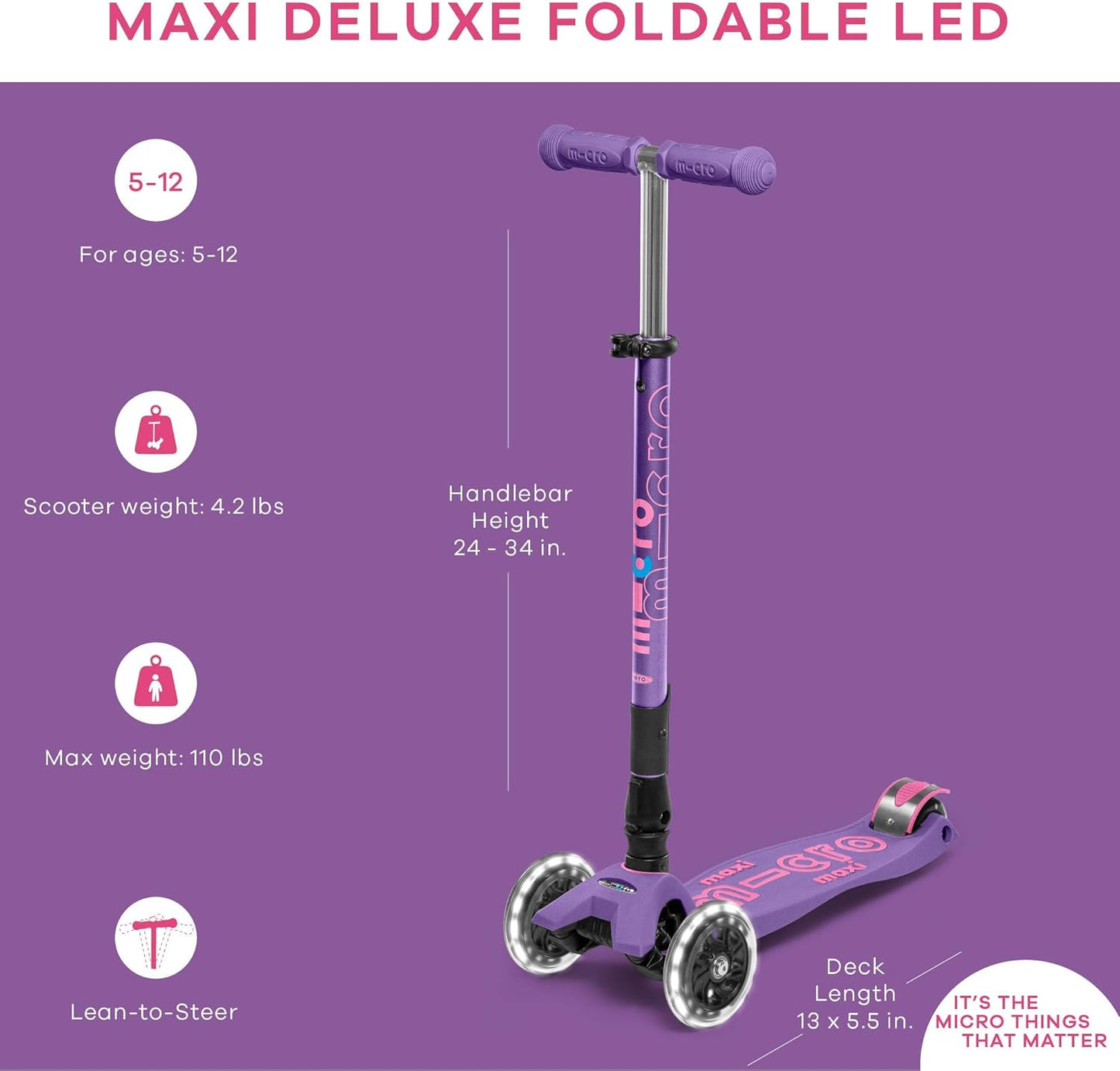 Micro Kickboard - Maxi Deluxe Foldable LED - Three Wheeled, Lean-to-Steer, Fold-to-Carry Swiss-Designed Micro Scooter for Kids with Motion-Activated Light-Up Wheels for Ages 5-12