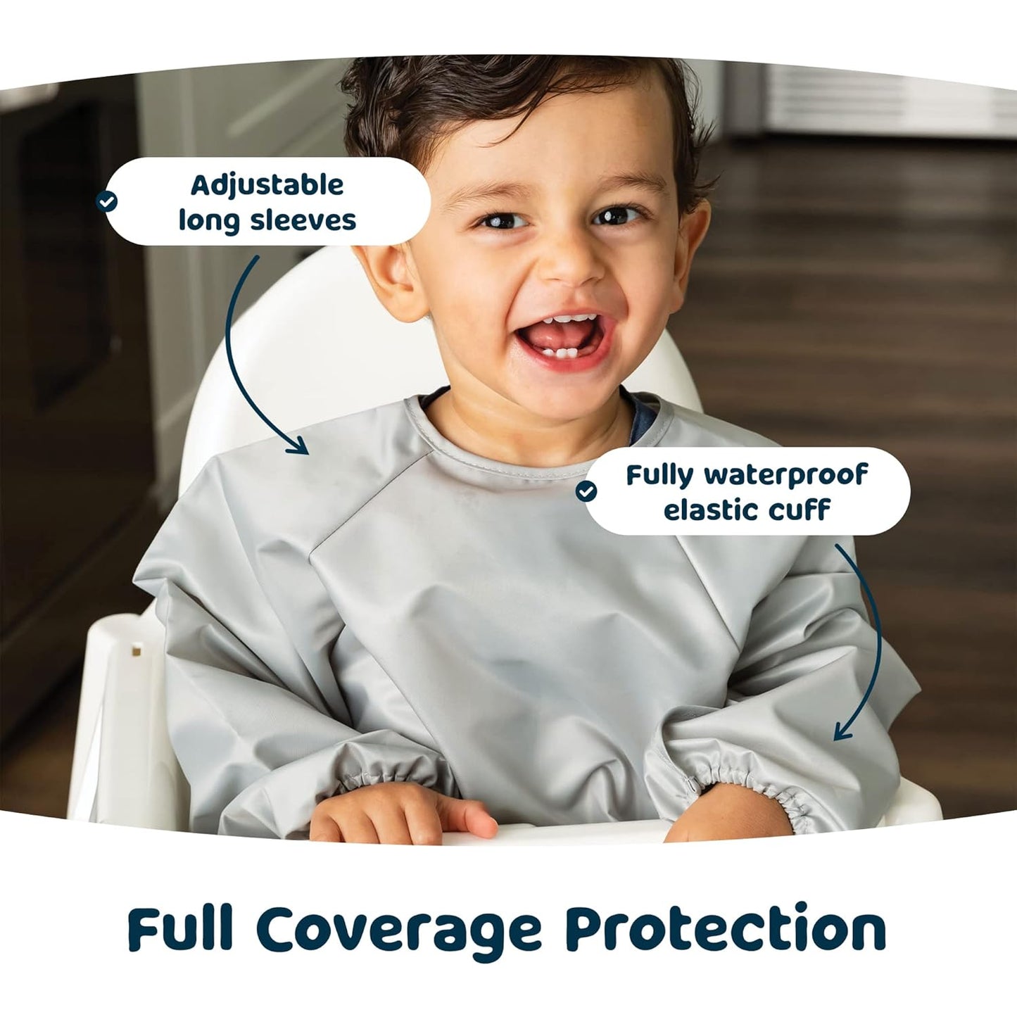 Tiny Twinkle Mess Proof Baby Bibs, 2pk Waterproof Smock Baby Bibs for Eating, Machine Washable Long Sleeve Bibs, Baby Led Weaning, Toddler Bibs, BLW Supplies (Grey Indigo, Large 2-4 Years)