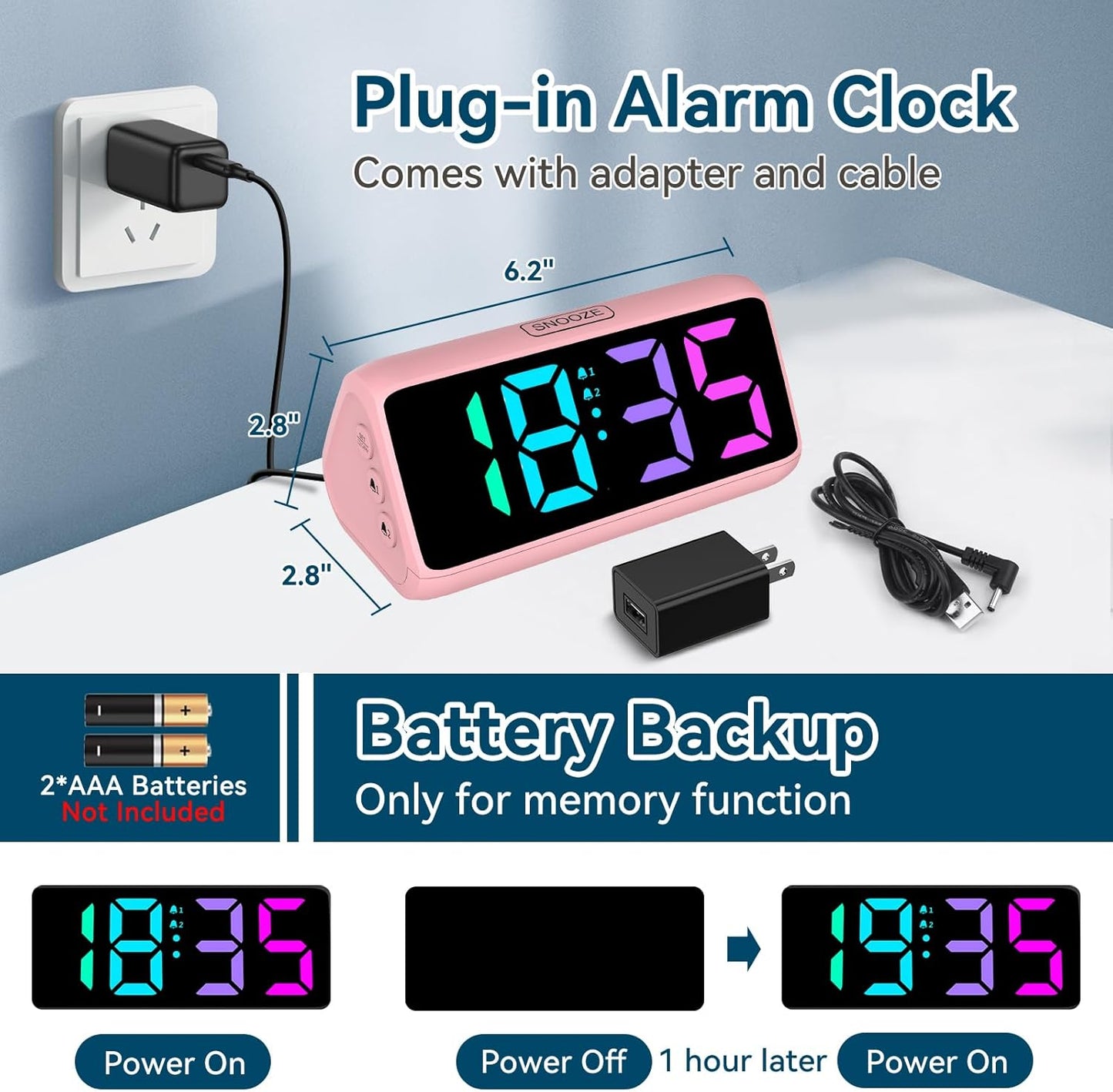 Netzu Loud Alarm Clock for Heavy Sleepers, RGB Alarm Clocks for Bedrooms Seniors Kids, Plug in Digital Clock with 5 Dimmers, 2 Alarms, 4 Volumes and Snooze