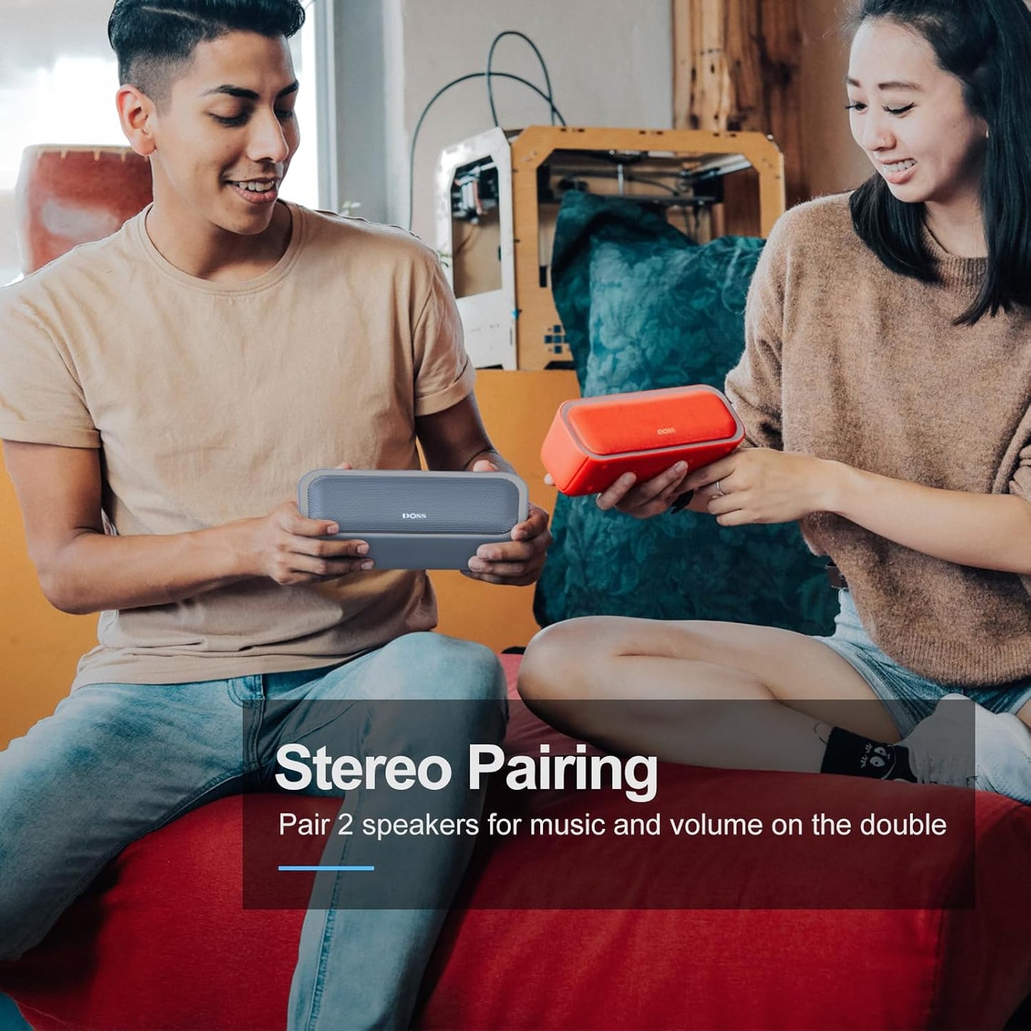 DOSS SoundBox Pro Bluetooth Speaker with 20W Stereo Sound, Active Extra Bass, IPX6 Waterproof, TWS Pairing, Multi-Colors Lights, 20H Playtime, Portable for Beach, Outdoor-Stone Blue