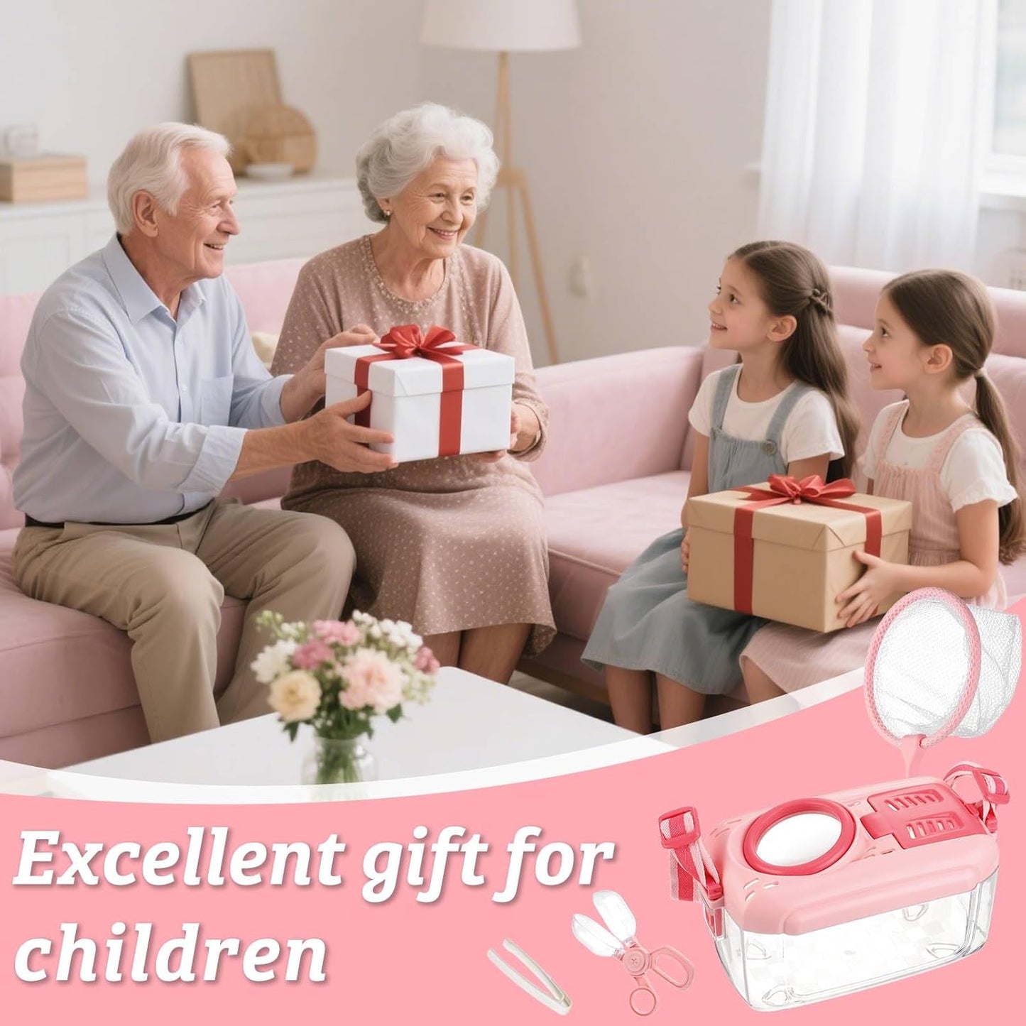 2 Set Bug Catcher for Kids- Educational Bug Catching Kit Including Butterfly Net, Insect Clip, Tweezer, Outdoor Toys for Kids Ages 3-10 (Pink)