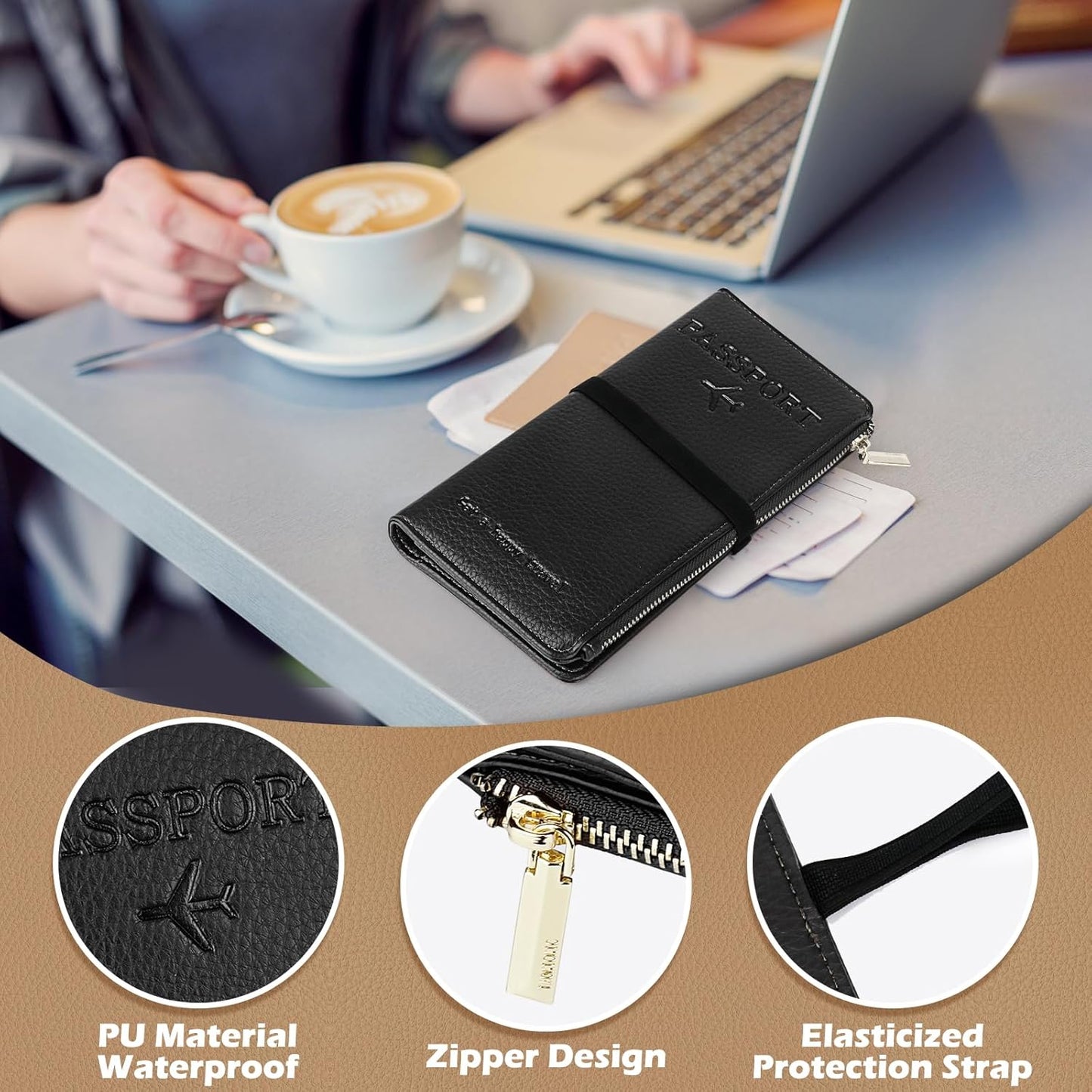 Travel Passport Wallet, RFID Blocking Passport Holder with Zipper, Passport Cover for Women Men, PU Leather Travel Document Organizer with Card Slots, Gift for Family Friends, Black