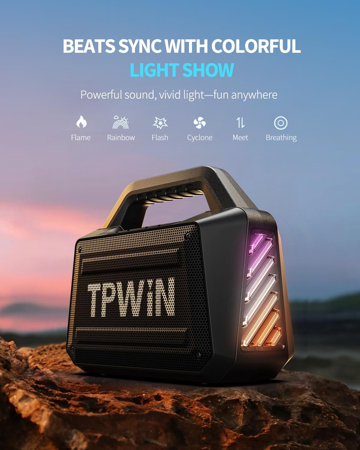 Bluetooth Speaker - 80W Loud, Rugged Outdoor Speakers, IPX6 Waterproof, 20H Playtime, Deep Bass, Lightshow, TWS, BT 5.3 Wireless, Portable for Travel Hiking Camping Beach Pool - Black