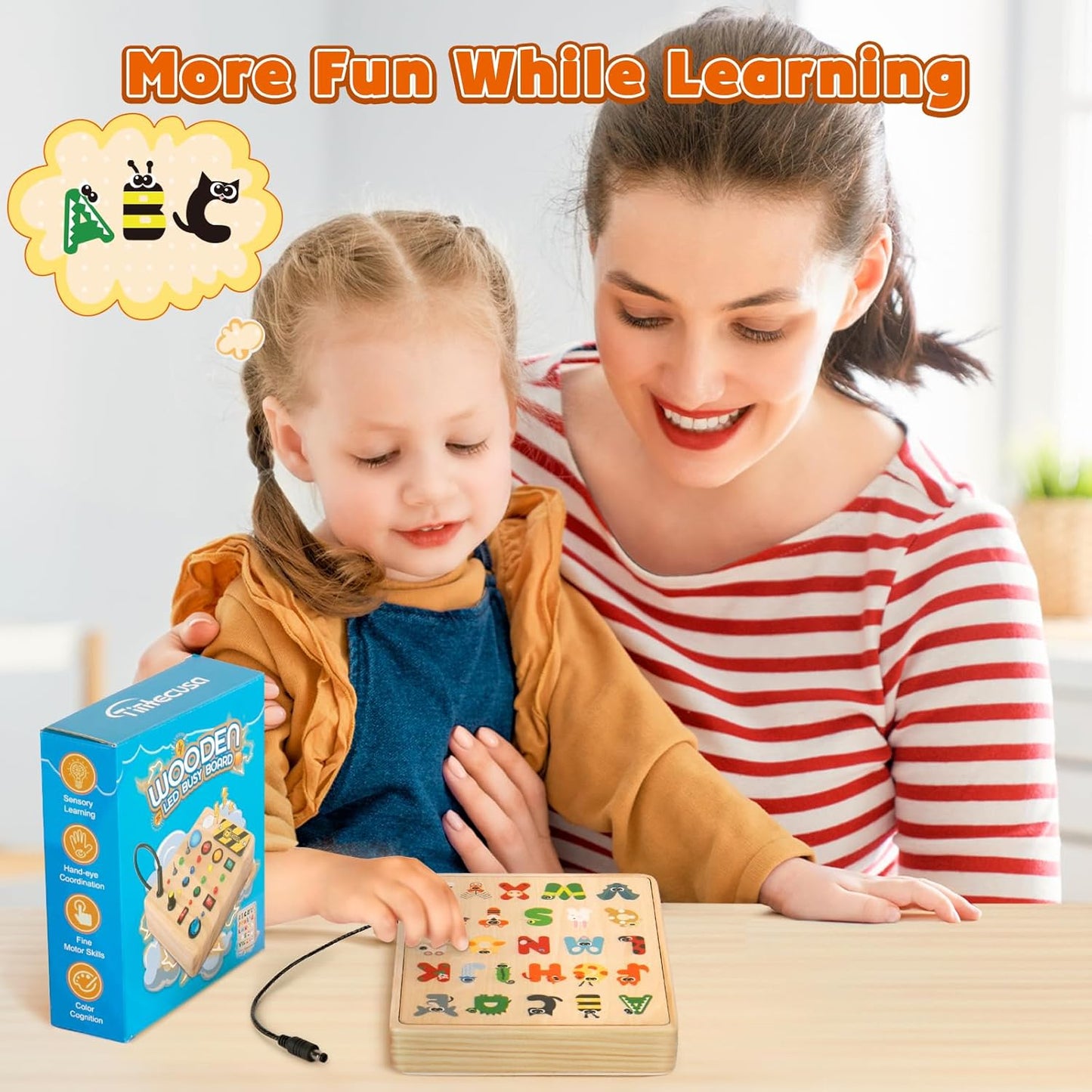 LED Busy Board, Wooden Sensory Toys for Toddler, Montessori Music Toy for Airplane, Travel Activity Educational Learning Toy, Busy Light Switch Autism Toys, Birthday Boys Girls Gifts