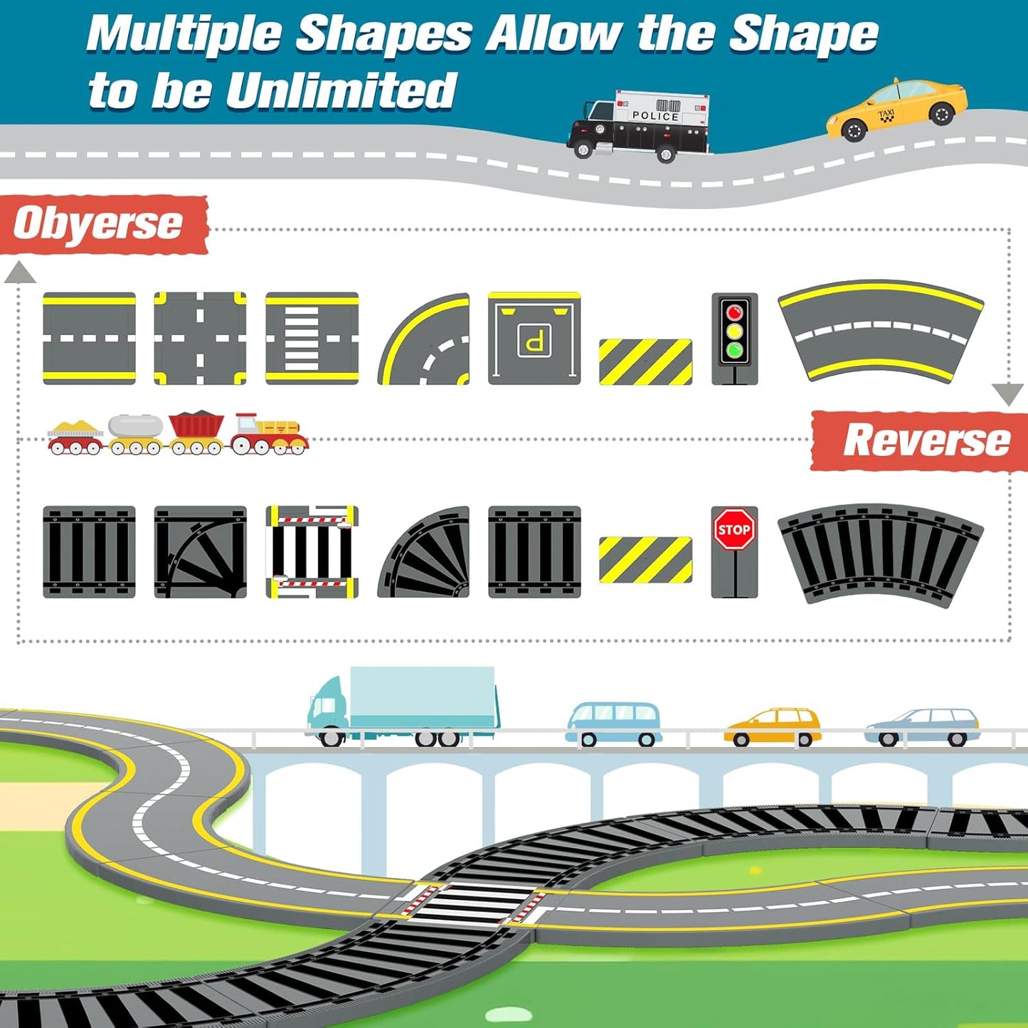 Magnetic Tiles Road & Train Track Expansion Pack Magnetic Building Blocks Construction Kids Toys for Ages 3-12 Boys Girls Building Toys Includes Road Tracks, Traffic Lights, Parking Spot