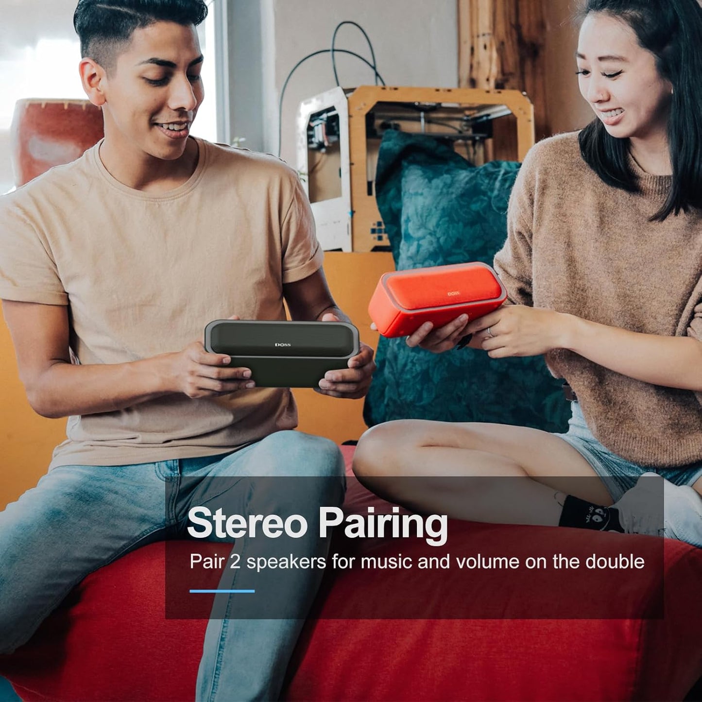 DOSS SoundBox Pro Bluetooth Speaker with 20W Stereo Sound, Active Extra Bass, IPX6 Waterproof, TWS Pairing, Multi-Colors Lights, 20H Playtime, Portable for Beach, Outdoor-Orange