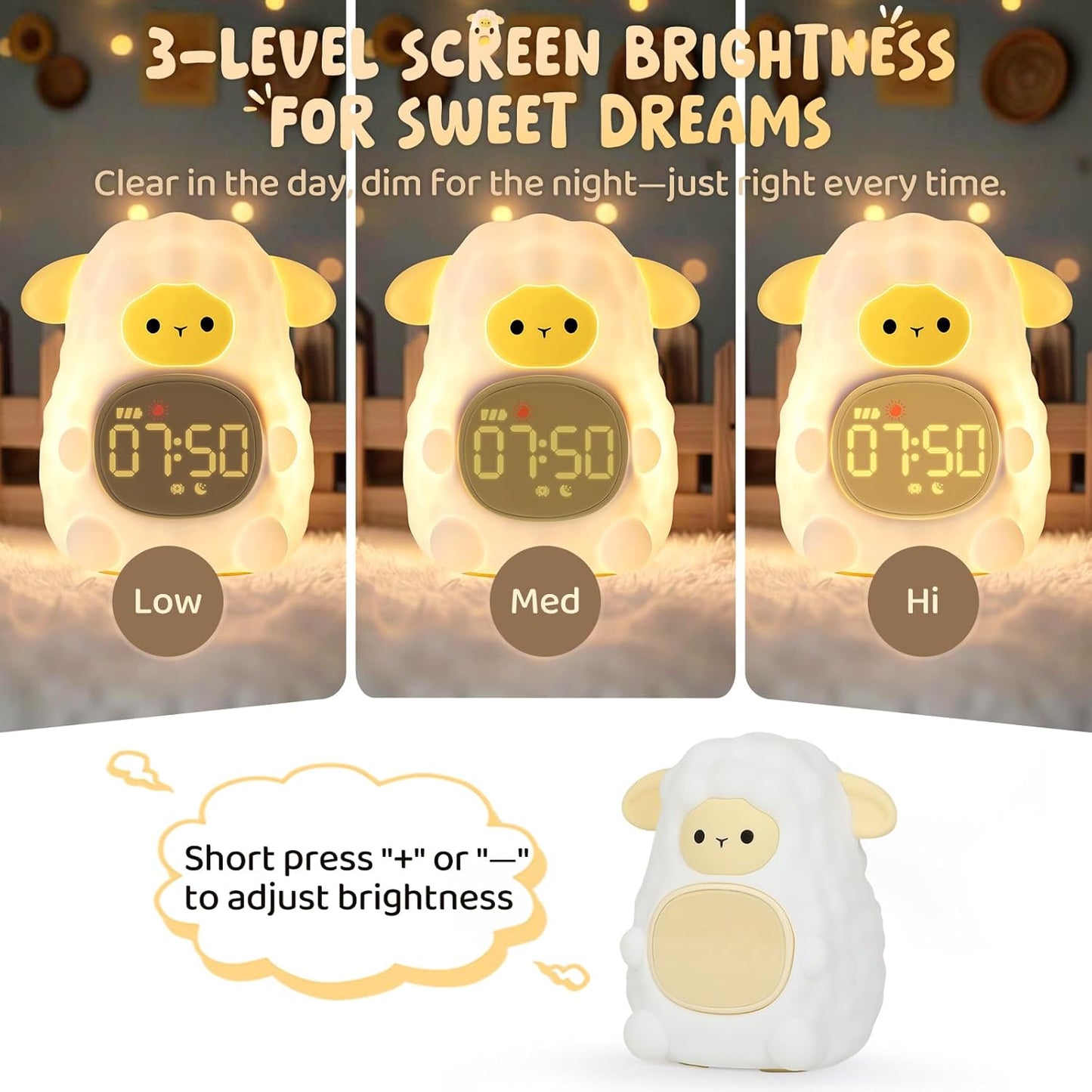 Sheep Alarm Clock with Night Light for Kids with Sleep Training and Sound Machine, Rechargeable Silicone Lamp OK to Wake Clock,Cute Animal Tabletop Lamp, Perfect Sleep Companion for Boys Girls