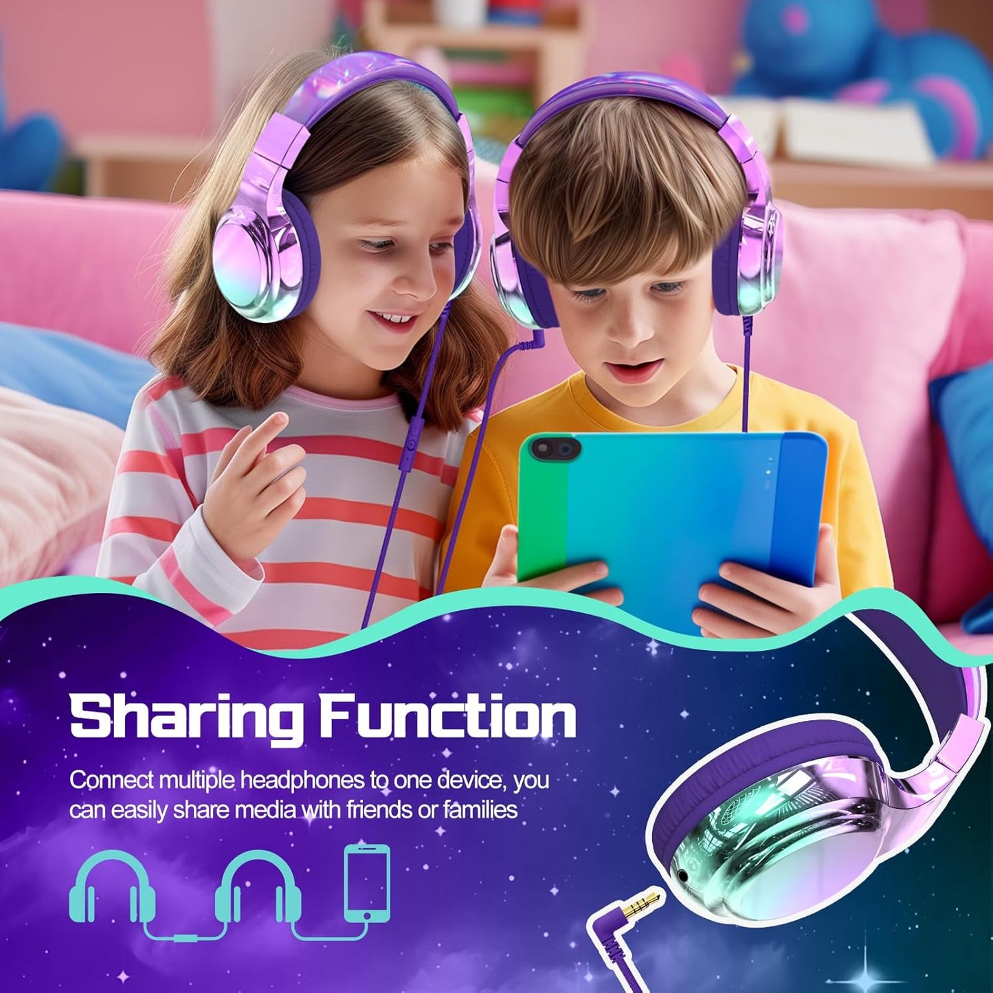 QearFun Kids Headphones Wired with Mic, 85/94dB Safe Volume Limit, Foldable Over Ear, Tangle-Free Cord & Sharing Port, Wired On-Ear Headset for School, Chromebook, Tablet, Travel - Boys & Girls