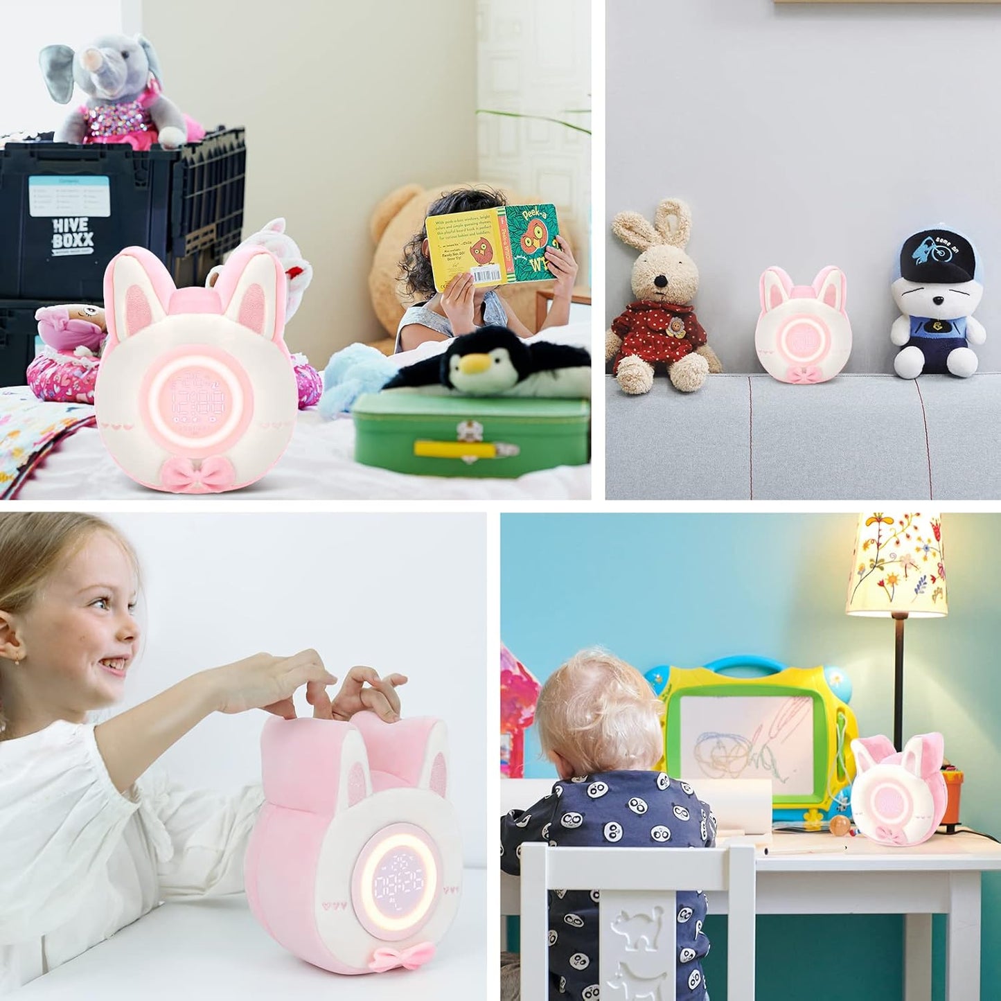 QANYI Bunny Plush Alarm Clock Night Light, Cute Stuffed Animals with LED Display Clock Adjustable Light, Toys for 5-12 Year Old Girls, Kawaii Birthday Gifts for Kids Teens Girls Women