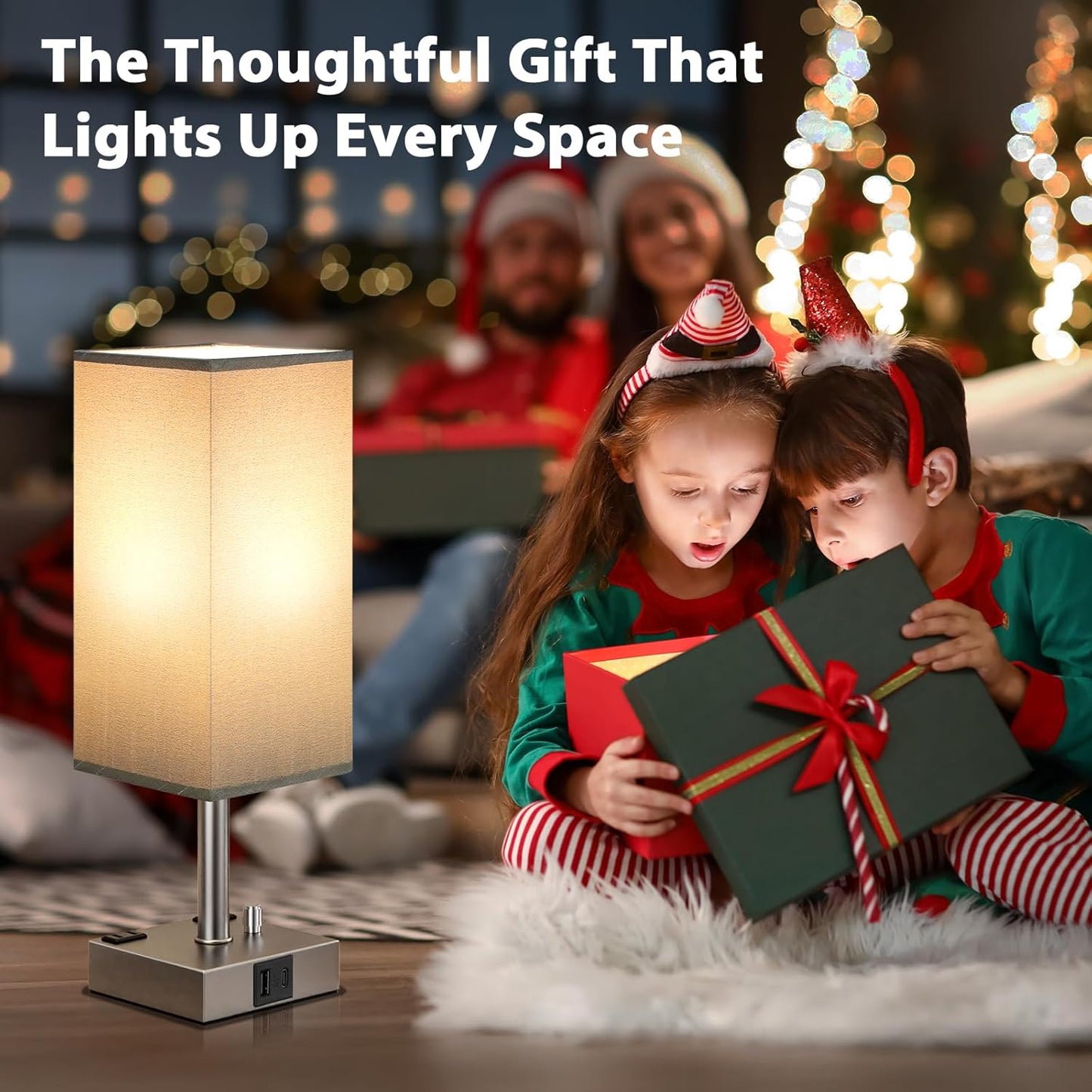 Grey Fully Dimmable Nightstand Lamps Set of 2 - Table Bedside Lamp with USB C+A Charging Ports & 2 AC Outlets, Square Lamp Sets Linen Fabric Shade for Bedroom Living Room(Bulb Included)