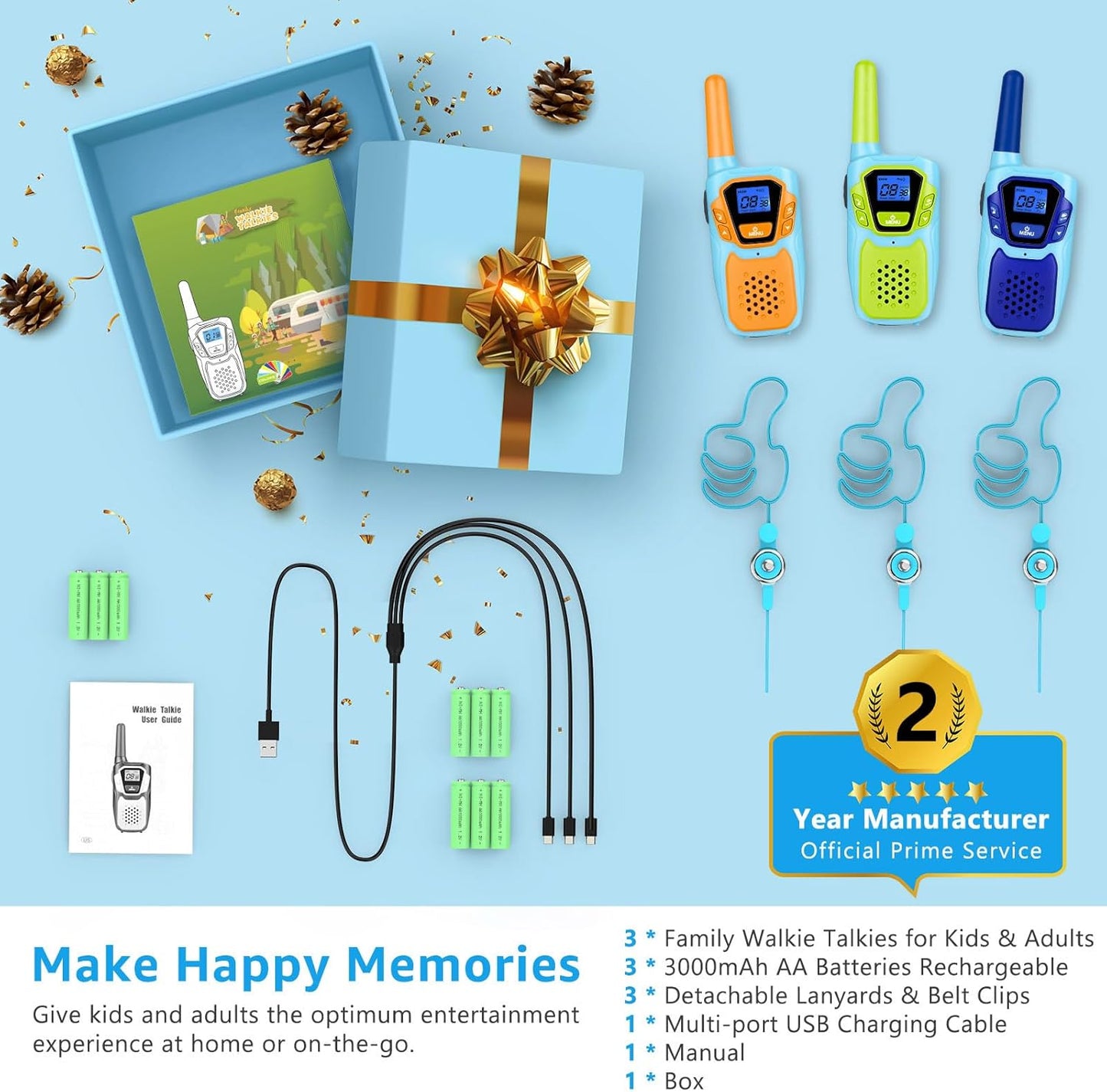 Walkie Talkies for Kids Rechargeable Walkie-Talkie for Adults Long Range FRS 2 Way Radio 3 Pack with Lanyard Battery 4 Miles NOAA USB, Family Toys for 3-12 Year Old Girls Boys Toddlers Camping