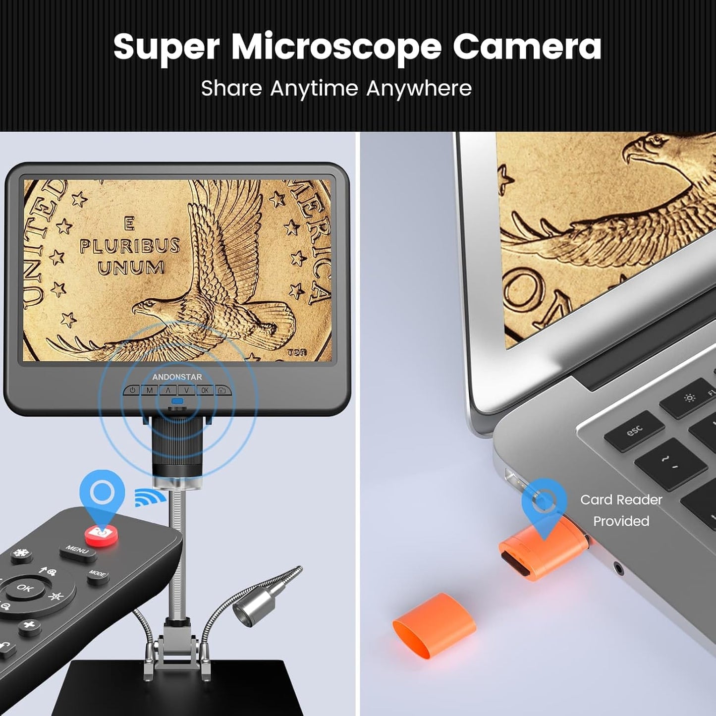 Andonstar AD210 10.1 Inch LCD Digital Microscope for Adults, Soldering Microscope for Electronics Repair, Coin Microscope Camera Full View for Error Coins with Light, Biological Slides Kit, 32G Card