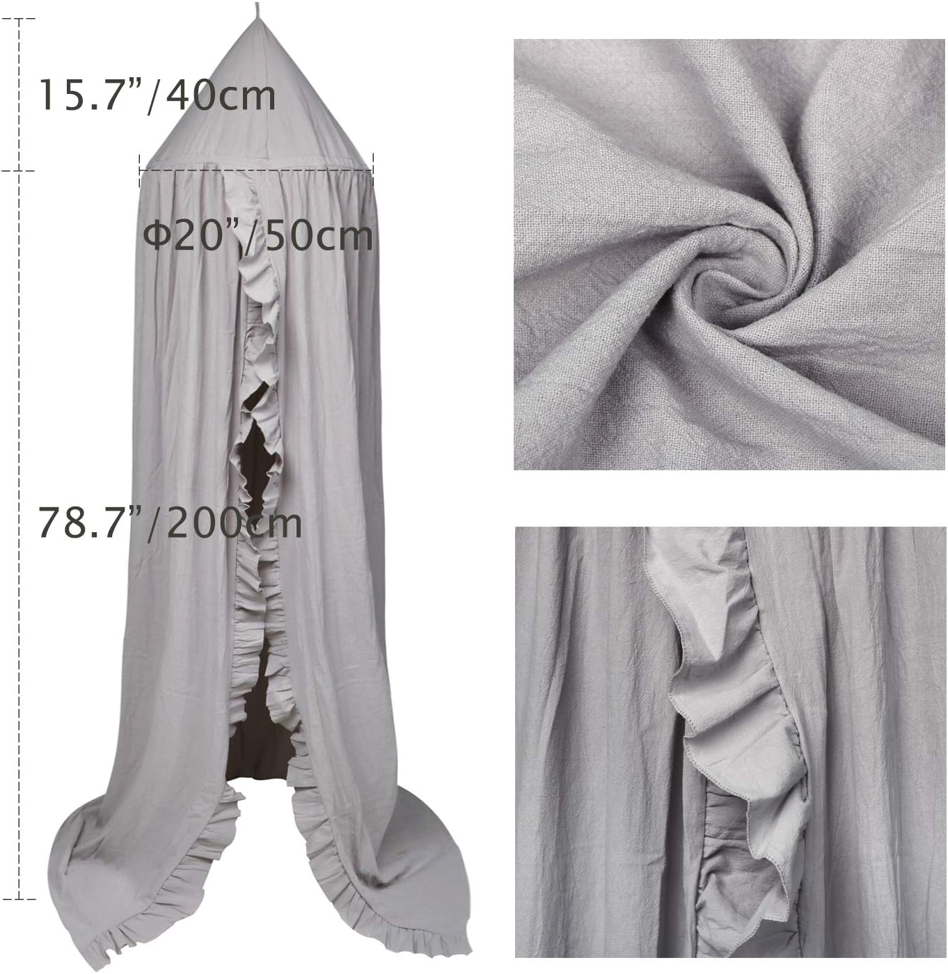 Bed Canopy with Frills Reading Nook Game Tent for Kids Boho Hanging Net Play Room Decor(Light Grey)