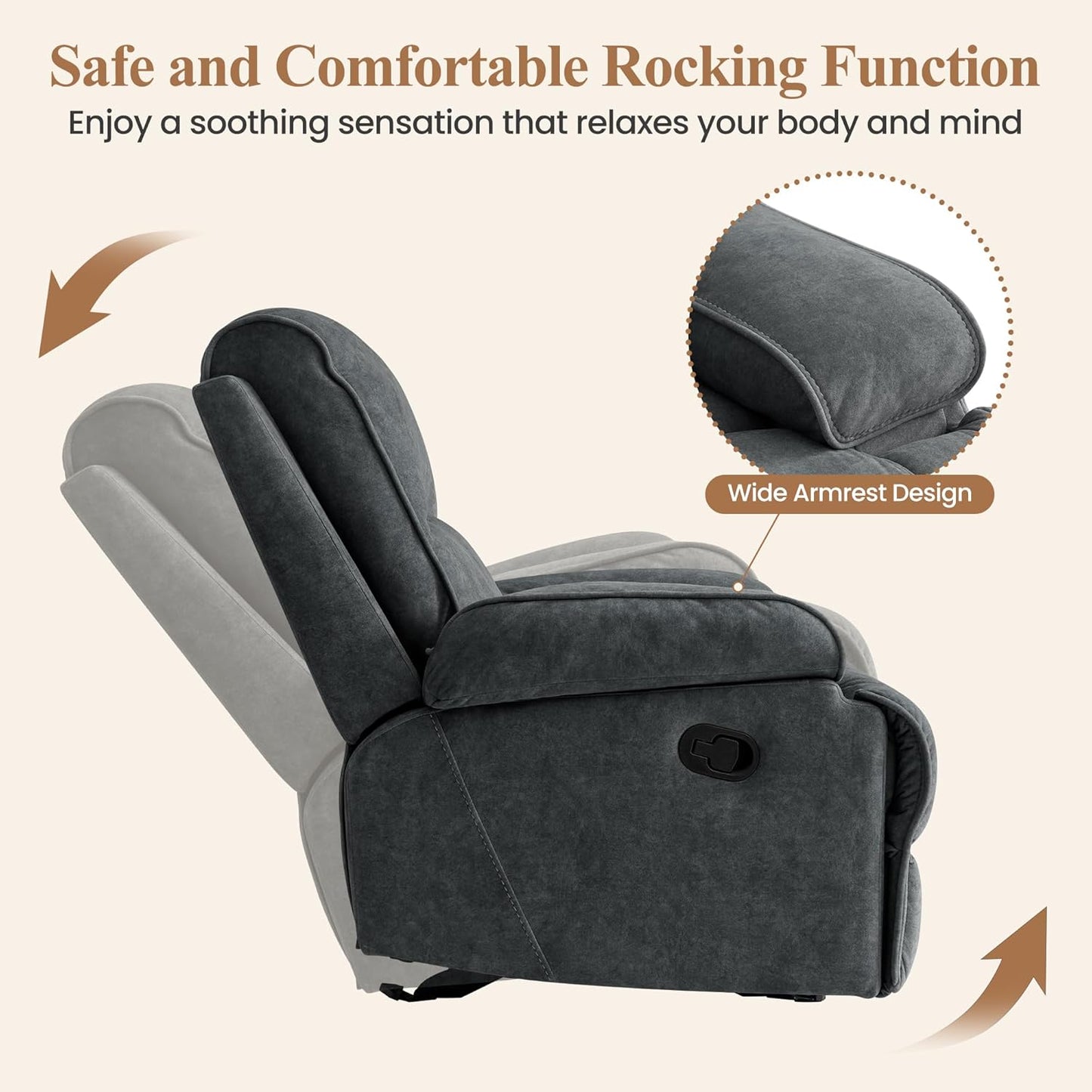 Nursery Rocking Chairs,Velvet Rocker Recliner Nursing Chair,Oversized Nursery Recliner Glider Chair with Extra Wide Footrest for Breastfeeding,Dark Grey