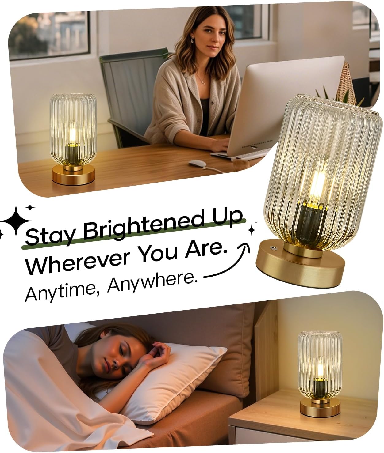 Touch Table Lamp for Nightstand - Small Bedside Lamps for Night Stands Bedroom Living Room, Dimmable Rechargeable Desk Lamp Battery Operated with Clear Glass Shade, Bulb Included