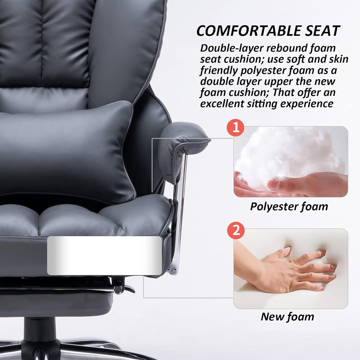 Efomao Big and Tall Office Chair with Footrest, 400LBS PU Leather High Back Executive Office Chair with Lumbar Support, Wide Computer Chair for Home Office, Dark Grey