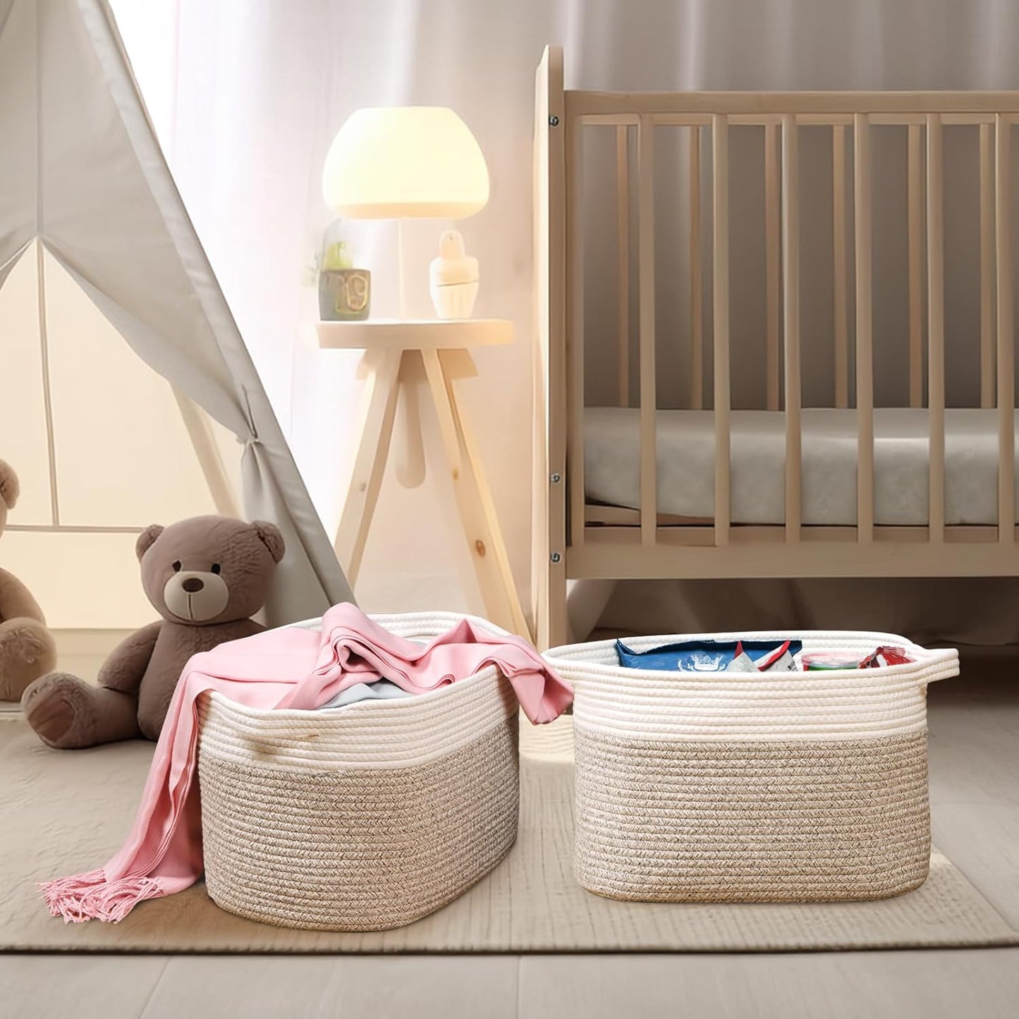 Kntiwiwo Storage Baskets for Organizing 14.7”x11”x9.6” Rope Storage Baskets for Shelves with Handles, Decorative Closet Baskets & Bins, Large Woven Baskets for Storage, White & Brown