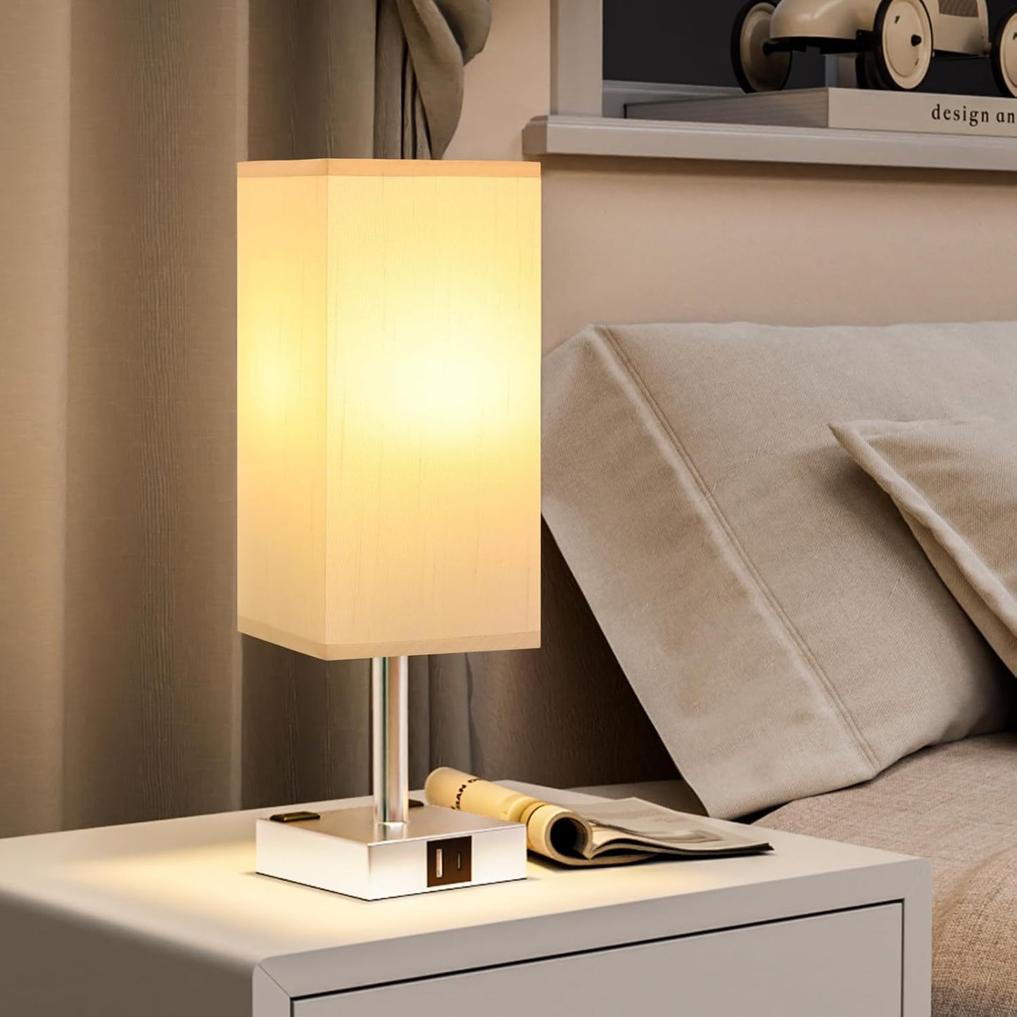 Touch Bedside Table Lamp for Nightstand - 3-Way Dimmable Night Lamp with USB A + Type C Charging Ports and Two AC Outlets, Small Desk Light with E26 LED Bulb for Bedroom Living Room Dorm Office