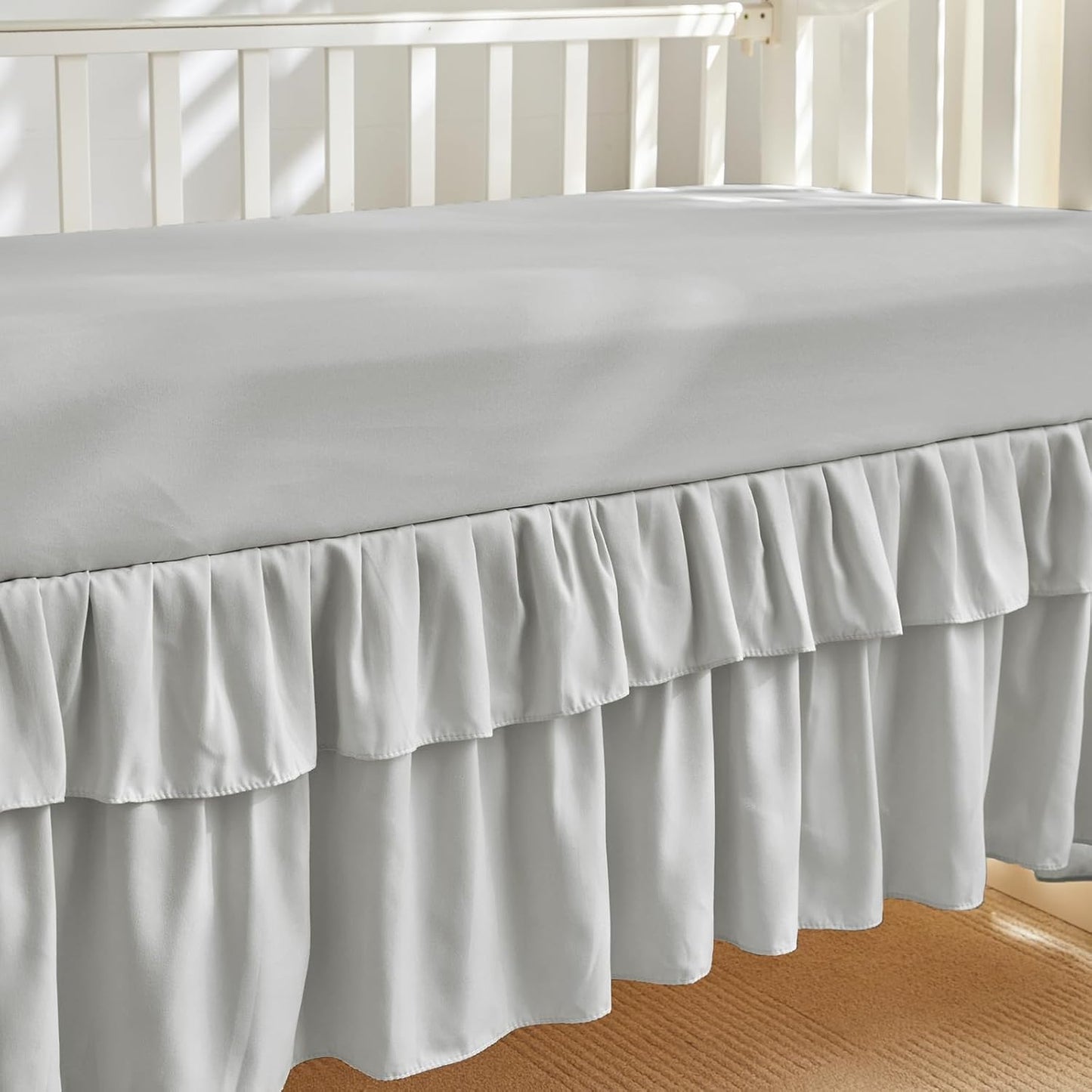 Mini Crib Bedding Set 3 Pieces Baby Boho Quilted Tufted Ruffles Comforter with Fitted Sheet and Ruffled Bed Skirt - Cute Shabby Baby Bedding Fits Mini Crib Only Light Gray