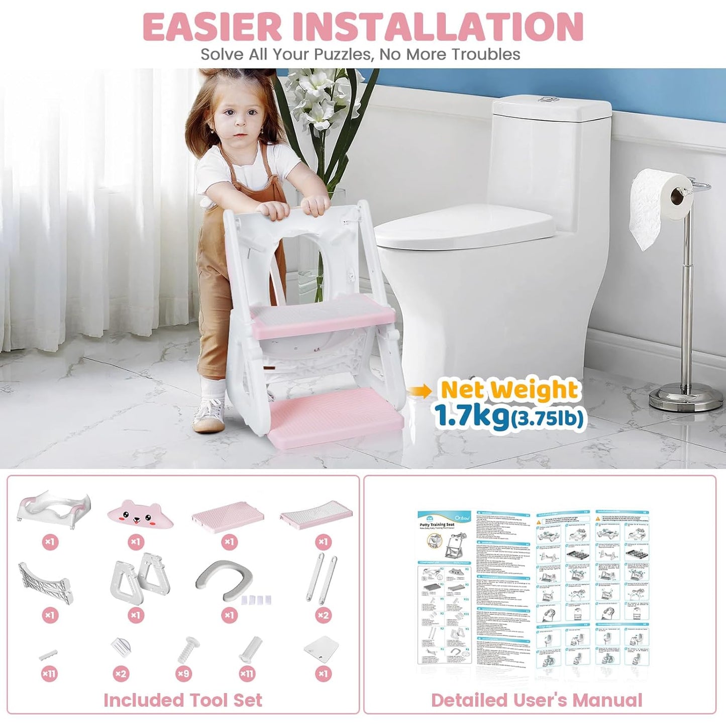 Orzbow Potty Training Seat, 2-IN-1 Toddler Potty Training Toilet with Step Stool, Stability Toilet Seat for Boys Girls with Splash Guard and Anti-Slip Pad, Adjustable Ladder & Potty Seat Height, Pink