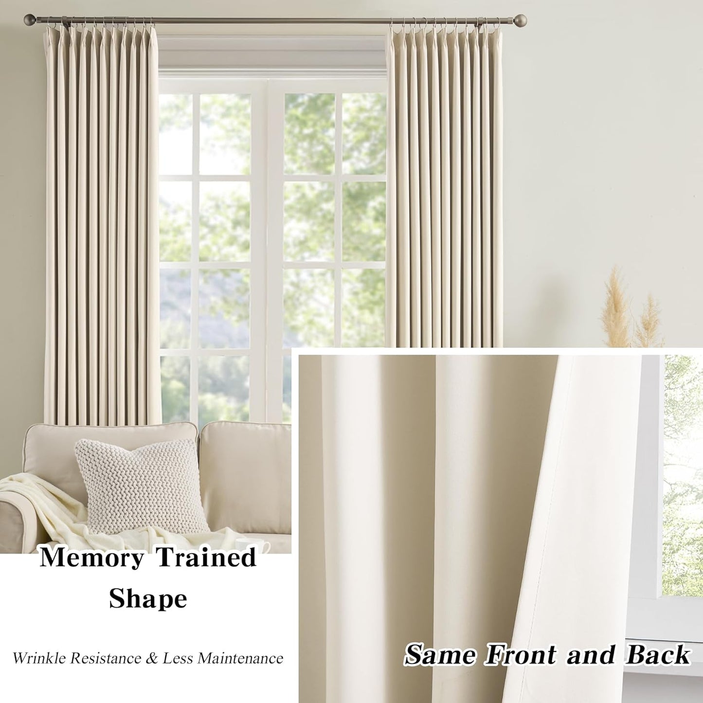 KEQIAOSUOCAI 100 Inch Long Pleated Curtains 2 Panels, Memory Trained Pinch Pleat Window Curtains Drapes,Pleats with Hooks,Home Decor Window Treatments for Bedroom Office 40 by 100