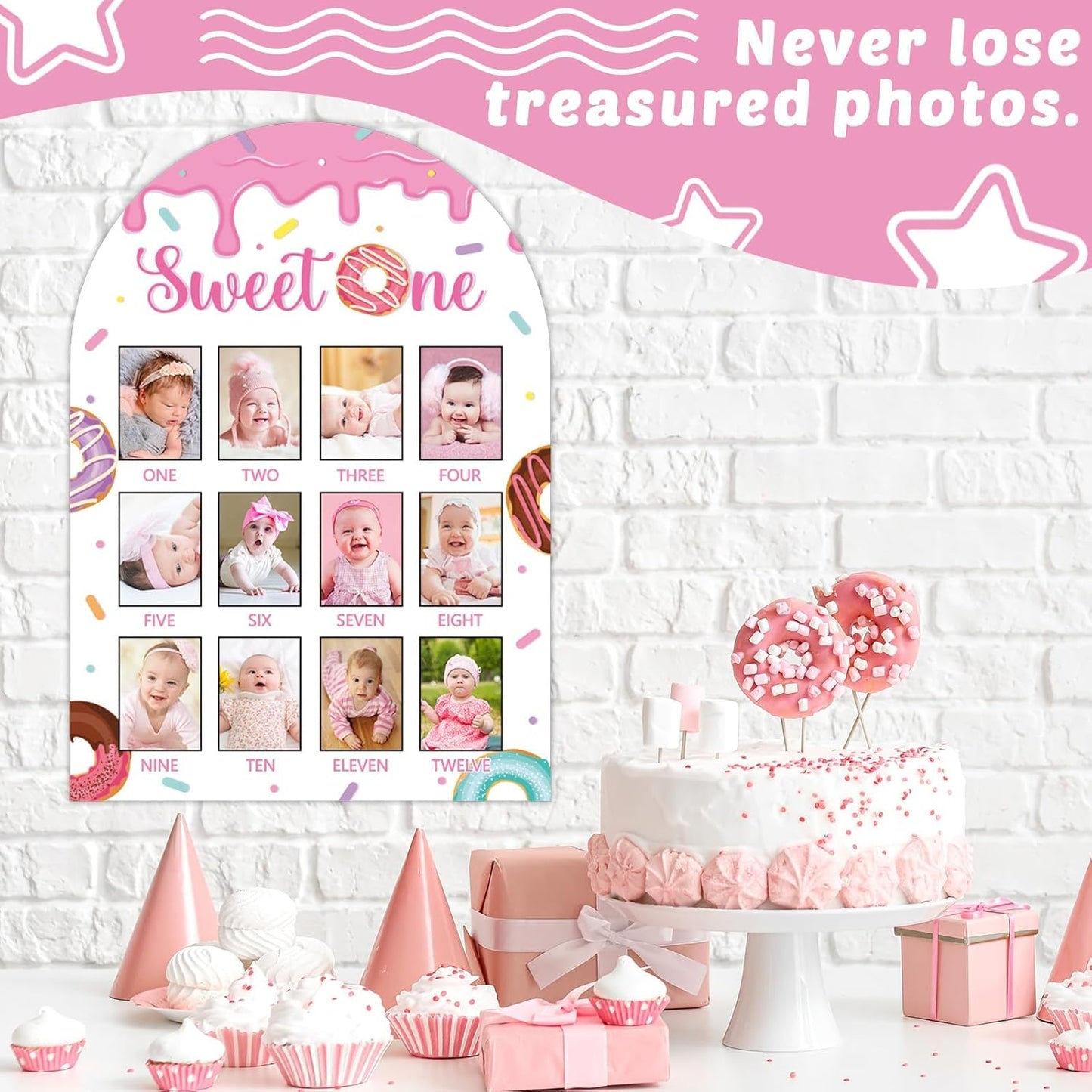Sweet One First Year Photo Board Donuts Birthday Party Decorations Wooden Board 12 Monthly Milestone Picture Frame One Year Old Wood Sign 1st Birthday Photo Banner for Baby Girls Keepsake Gift Supply