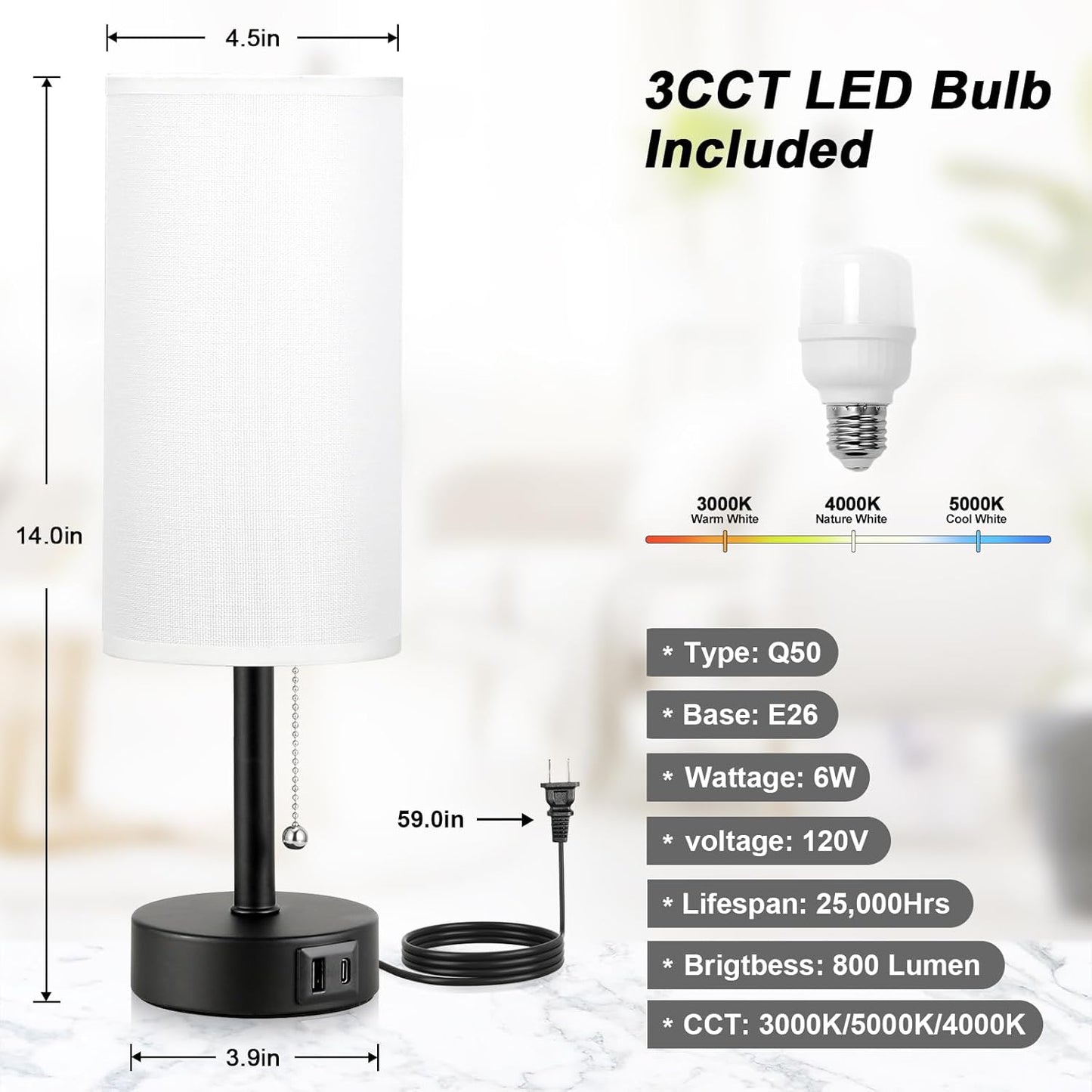 White Bedside Lamps for Bedroom Set of 2 - Nightstand Table Lamp with USB A + C Charging Port, 3 Color Temperatures Pull Chain Night Stand Light, Side Table Desk Reading Lamp for Living Room/Dorm