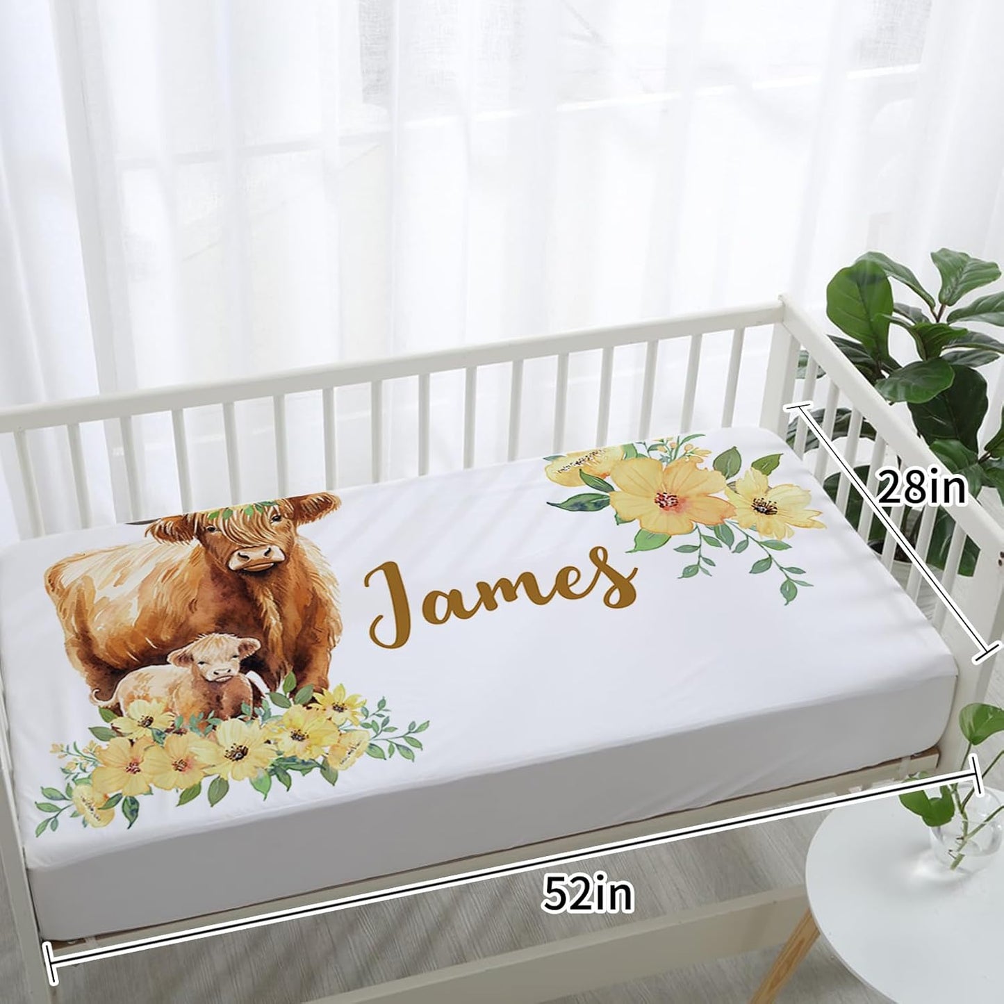 Personalized Baby Crib Bedding Set, 5-Piece Highland Cow Design Baby Crib Sets with Custom Name, Toddler Double Layer Blanket Fitted Sheets Changing Pad Cover Rug Wall Art Set, Charming Nursery Decor