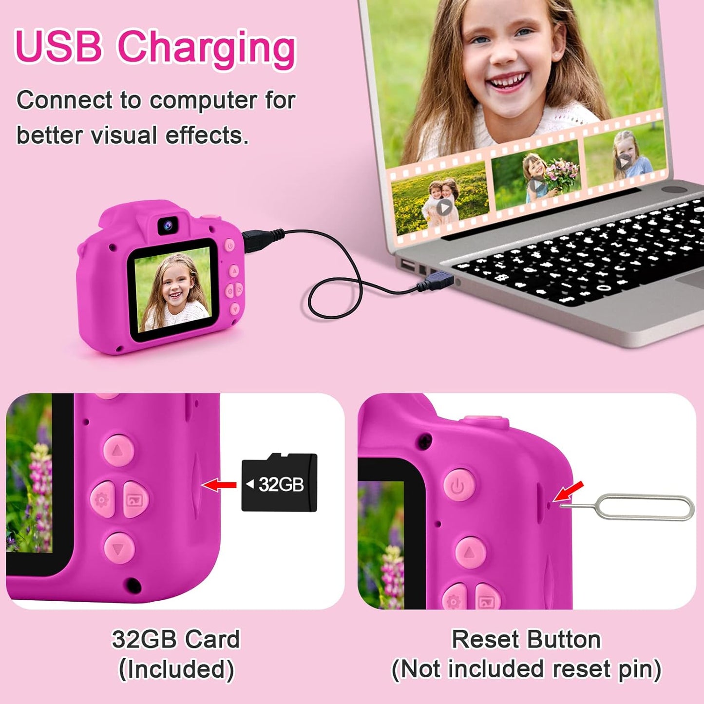 GKTZ Toys for Girls Age 3-8, Kids Camera Digital Video Toddler Camera Children Camcorder Birthday Gifts for 3 4 5 6 7 8 Year Old Girls with 32GB SD Card