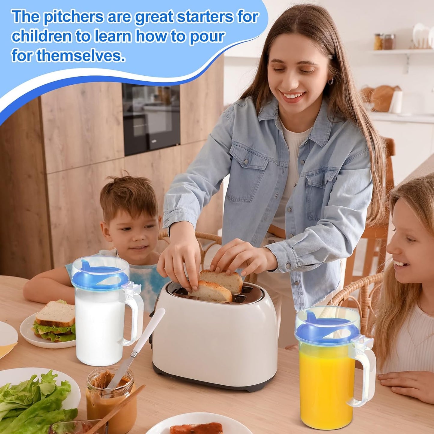 Newtay 6 Pack Early Learning Kids Easy Pouring Mini Pitchers Clear Plastic Pitcher with Lid and Handle Easy Pour Bottles 16 Oz. Jugs with Lids for Classroom Nursery Home (Blue)