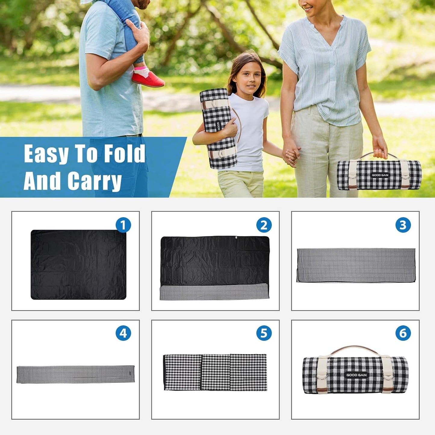 Picnic Outdoor Blankets Waterproof Extra Large - Beach Mat Sand Free Foldable with Carry Strap | Portable Camping Blanket | Park Blanket for Grass Park, Hiking, Travel, Concerts, Indoor (Black)