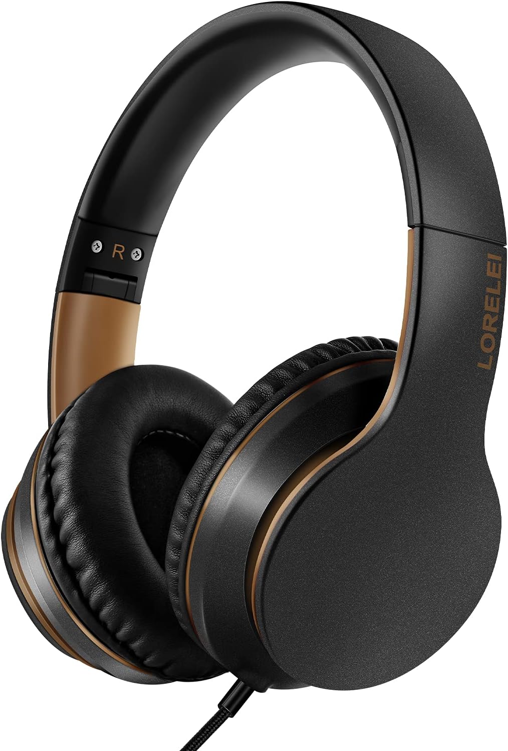 LORELEI X6 Over-Ear Headphones With Microphone, Lightweight Foldable & Portable Stereo Bass With 1.45M No-Tangle Wired for Smartphone Tablet MP3/4 (Black-Gold)