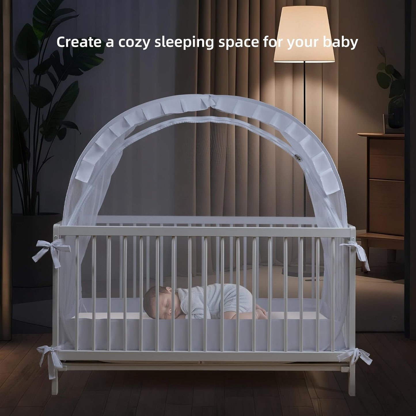 Lazyzzzz Baby Crib Tent - Pop Up Crib Canopy with Double Zipper Self-Locked,1200 Holes/Inch Mesh Crib Net to Keep Baby from Climbing Out, Portable Easy Install 55" L x 27" W x 51" H White