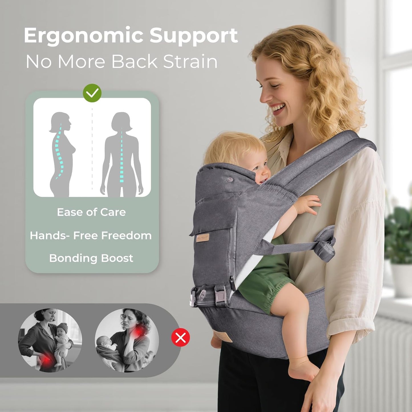 FRUITEAM Baby Carrier with Hip Seat for Breastfeeding, One Size Fits All - 6-in-1 Adjustable Toddler Carrier with Lumbar Support, All Seasons, Adapt to Newborn, Infant & Toddler (Greyish)