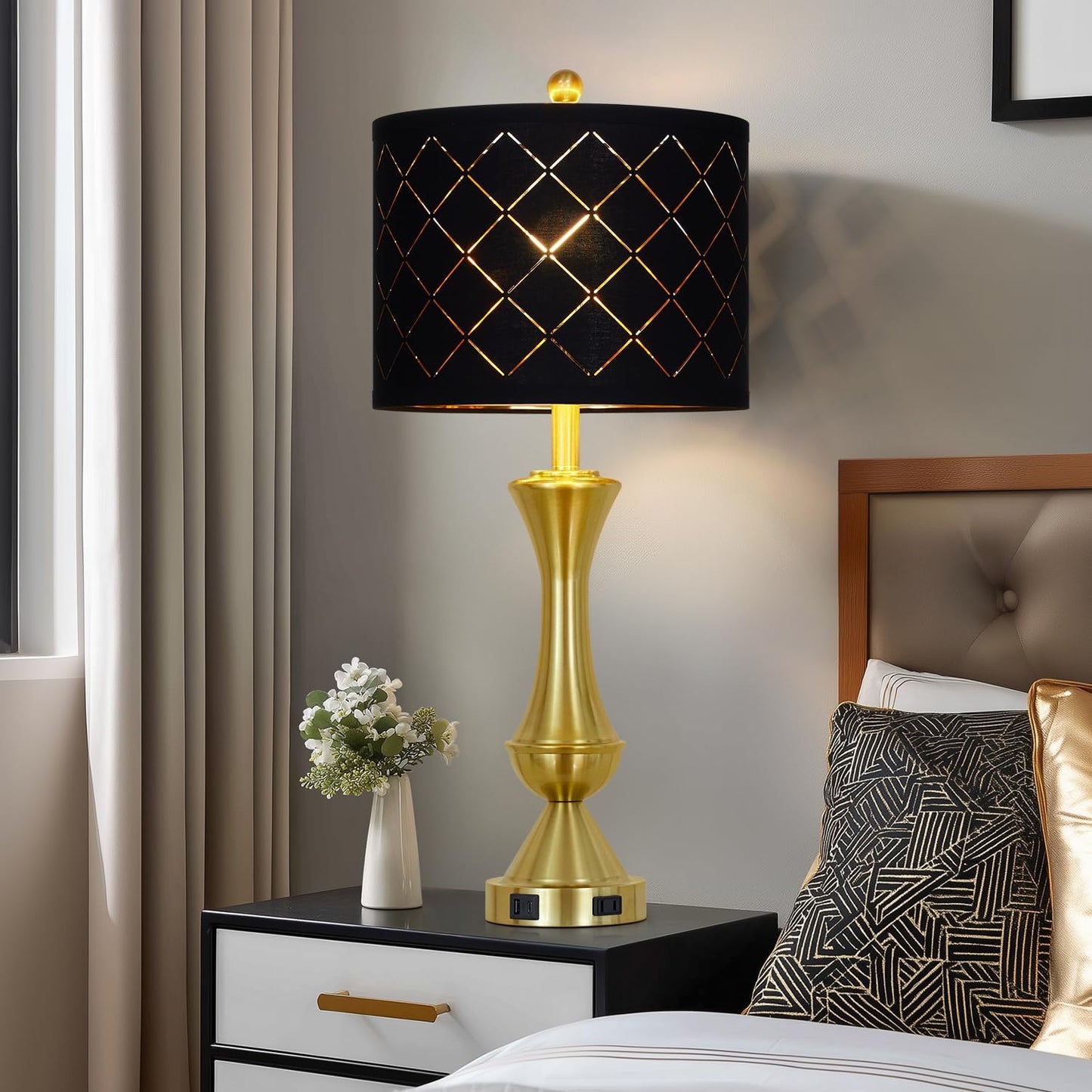 29" Gold Modern Table Lamps Set of 2, 3-Way Dimmable Touch Lamps for Nightstand with USB A+C & Outlets,Brass Lamps for Living Room, Bedroom, Nightstand, Entryway(2 Bulbs Included)