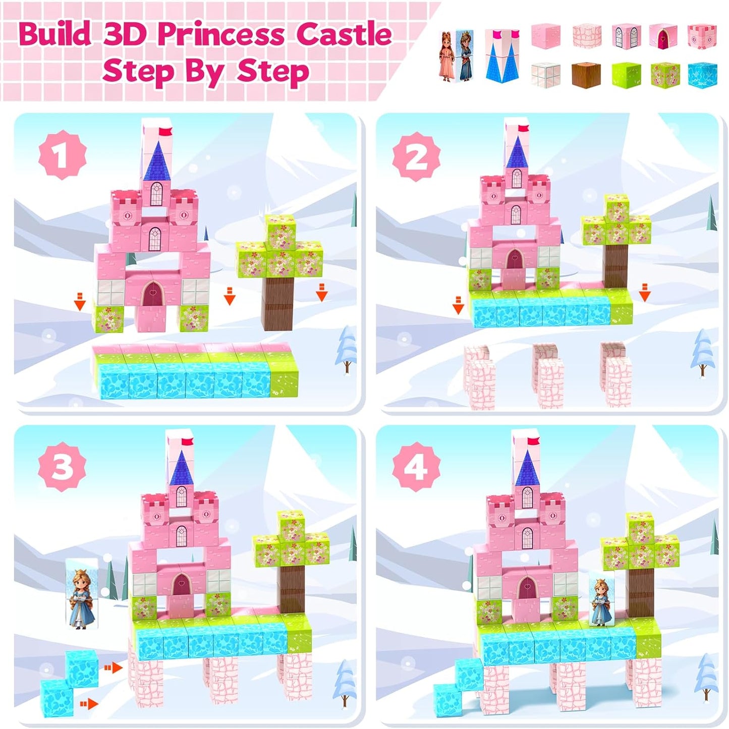 64 Pcs Magnetic Blocks-Princess Castle Collection World,Magnetic Building Blocks for 3+ Year Old Boys & Girls, Creative STEM Sensory Toys,Christmas Birthday Gifts for Kids Ages 3-8