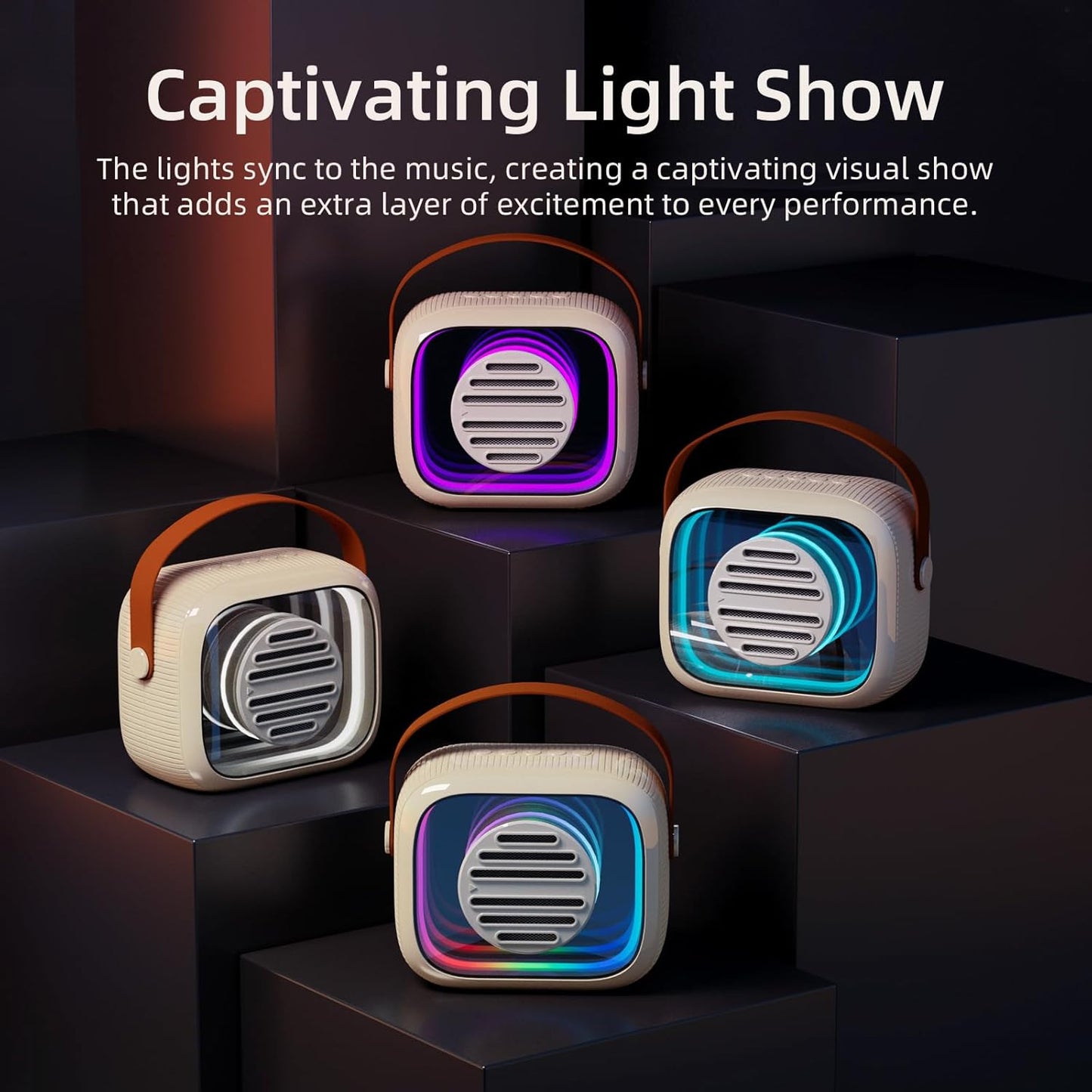 YF93 Mini Karaoke Machine for Kids with Bluetooth Speaker, 7 Voice-Changing Modes, Colorful LED Mirror Lights, TF Card Support, Rechargeable 2200mAh Battery, Portable Singing Gift for Children(Beige)