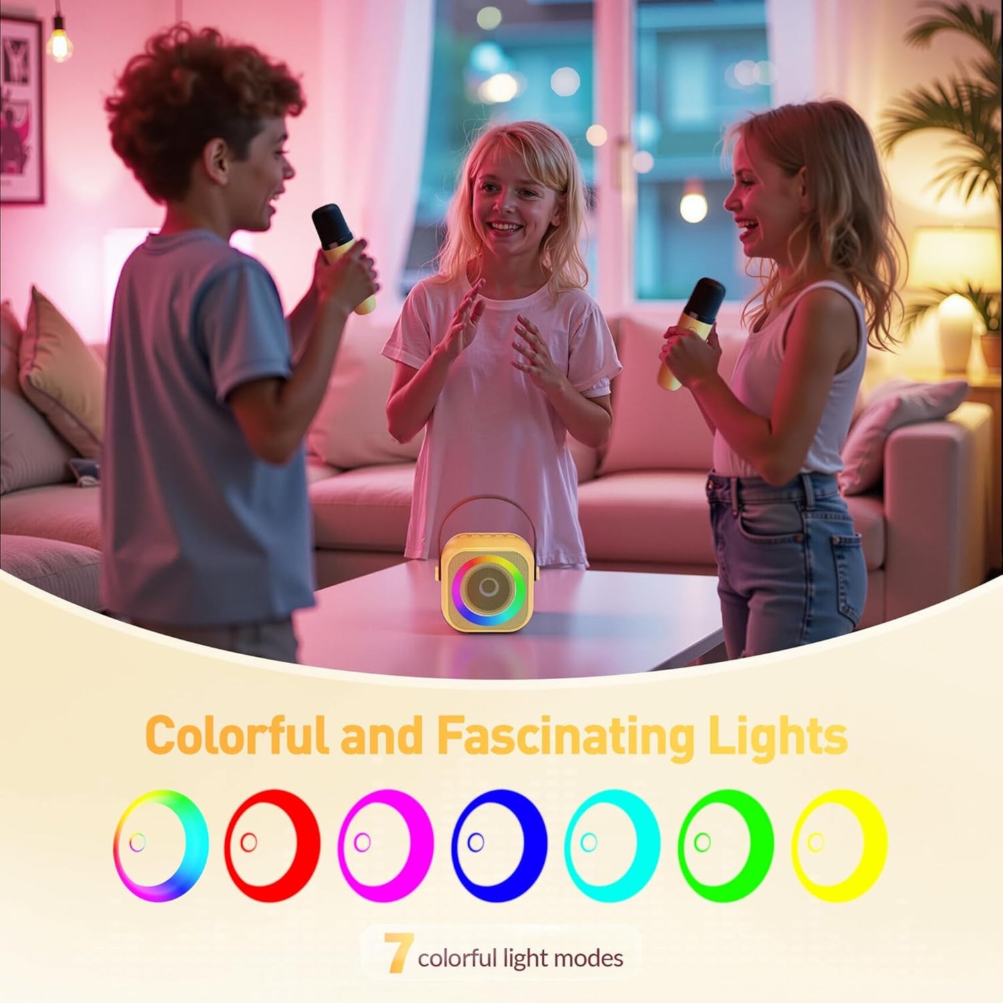 Mini Karaoke Machine for Kids Adults:Portable Bluetooth Karaoke Speaker with 2 Wireless Microphones and Lights for Home Party, Christmas Birthday Gifts for 4-12+ Years Old Girls Boys(Yellow)