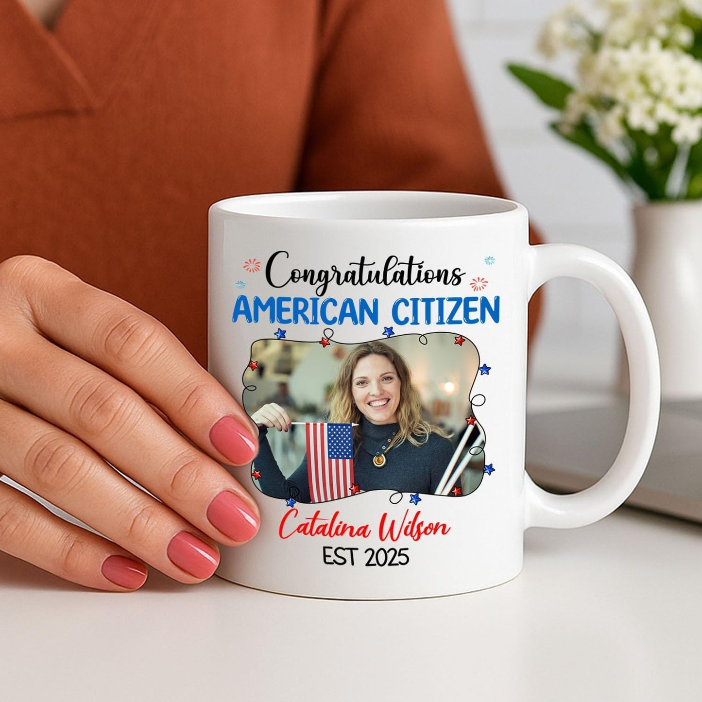 Congratulations American Citizen Coffee Mug, Customized Name Photo & Year On Citizenship Celebration White Cup Gift For Family Friend Coworker, Personalized Picture New US Citizen Ceramic Mug 11 15Oz