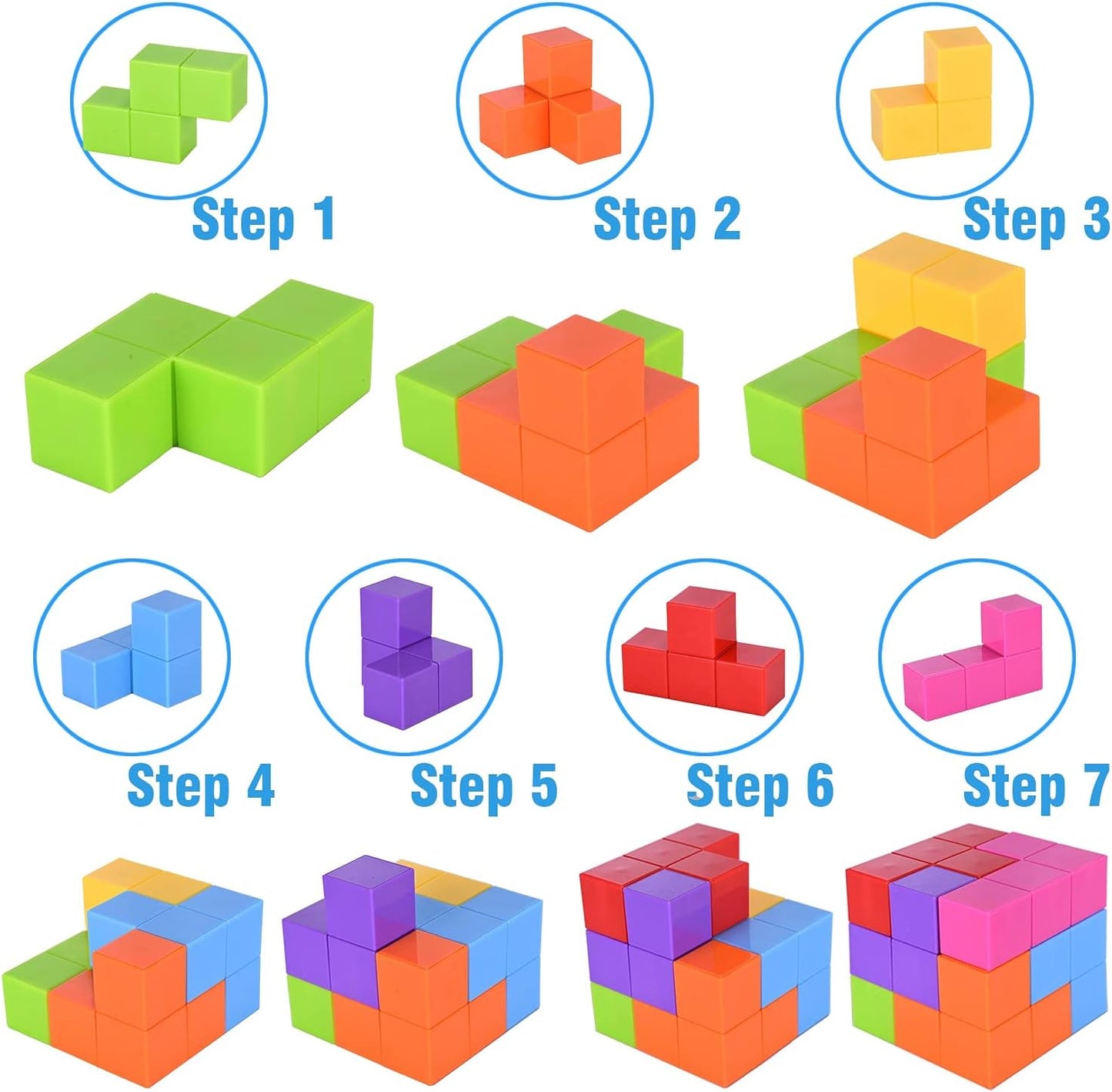 WorWoder Kids Magnetic Building Blocks Magic Magnetic 3D Puzzle Cubes, Set of 7 Multi Shapes Magnetic Blocks with 54 Guide Cards, Intelligence Developing and Stress Relief Fidget Toys for Kids(Pink)