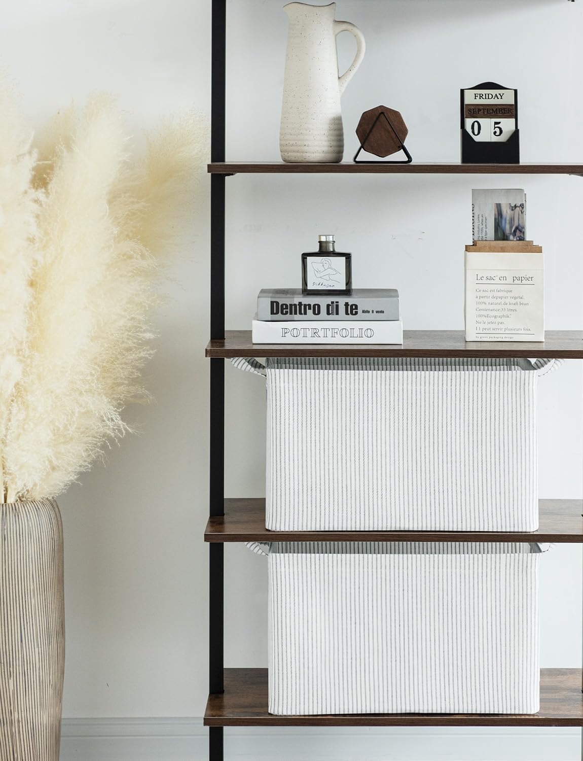 StorageWorks Storage Bins, Fabric Storage Bins for Shelves, Extra Large Storage Baskets with Metal Frame, Closet Baskets and Bins with Handles, Jumbo, Gray and White Stripes, 2-Pack