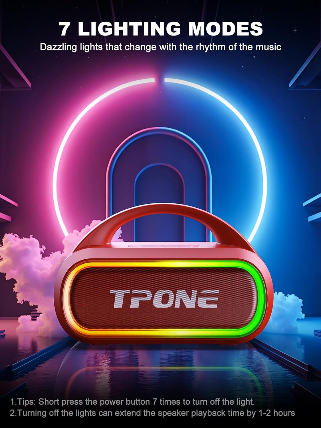 TPone Portable Bluetooth Speaker, 30W (Peak) Wireless Speaker for Outdoor, Up to 12H Playtime, IPX5 Waterproof with Light, TWS Pairing, for Home/Party/Outdoor/Beach, Birthday Gift (Red)