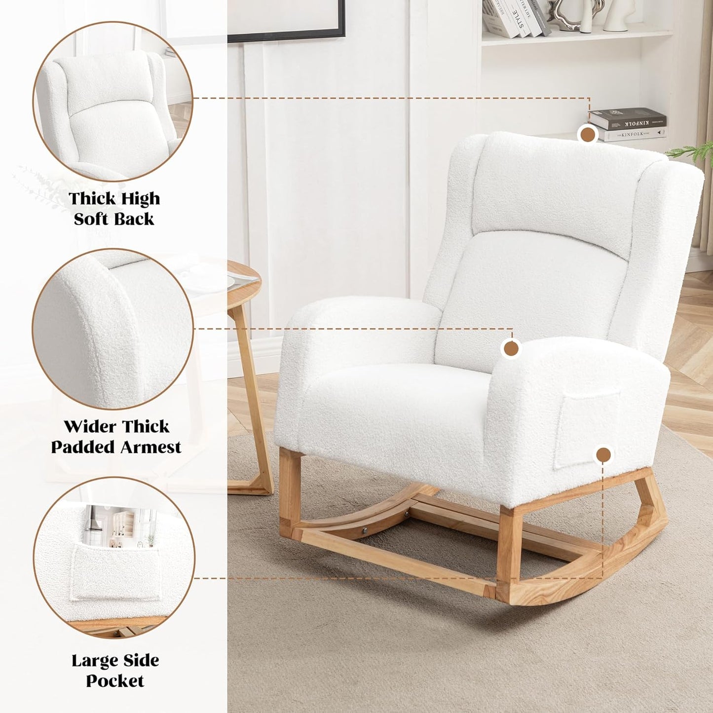 Rocking Chair Nursery, Nursing Rocking Chairs for Mom Nursery, Comfy Wingback Glider Rocking Armchair with Foot Rest and Side Pocket for Nursery Living Room Bedroom, Teddy White