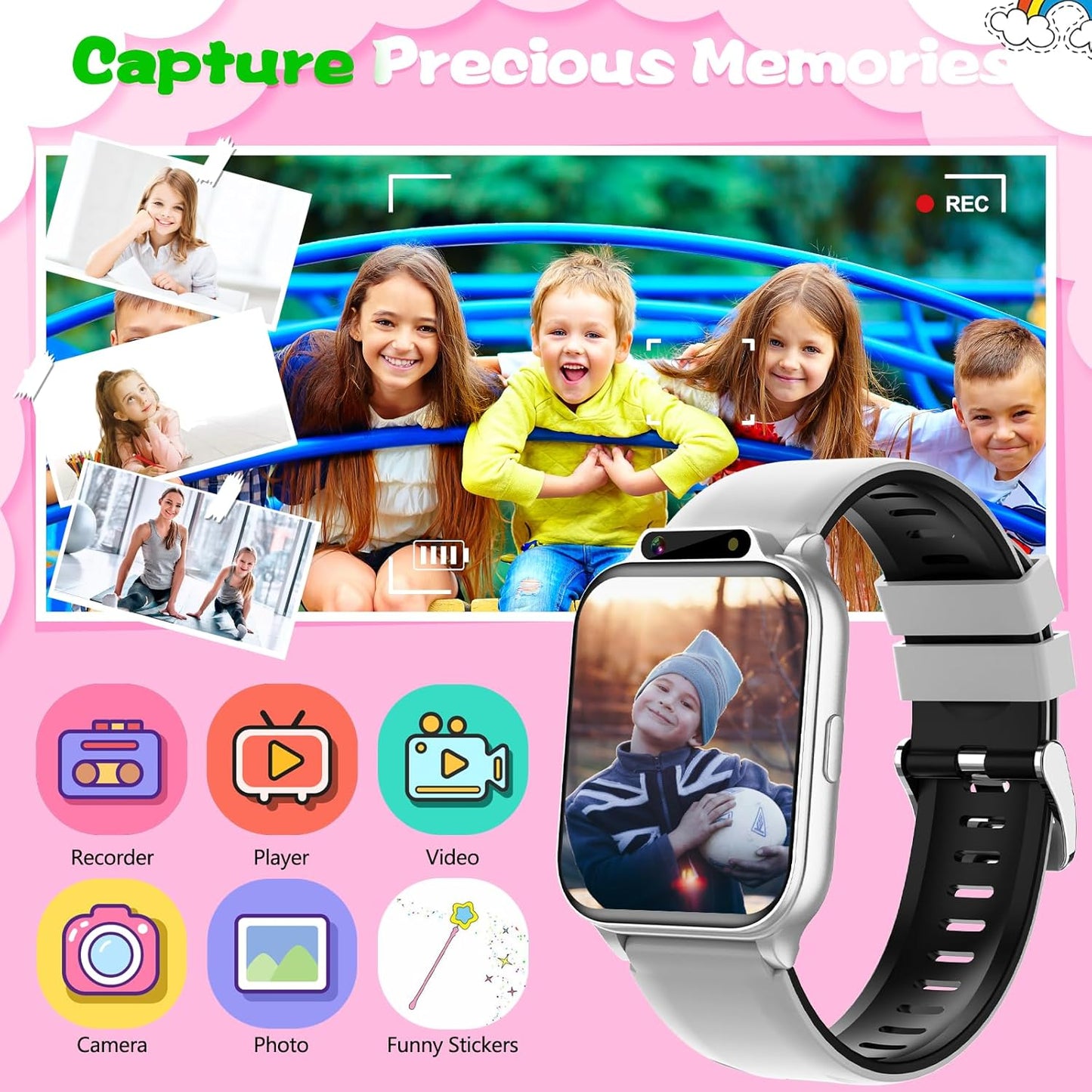Smart Watch for Kids, 1.85" Fitness Tracker with Heart Rate, Sleep Monitor, IP68 Waterproof Smartwatches with Video Music, Pedometer, Game, NO APP/Phone, Gift for Boys Girls. (Built-in AI, Silver)