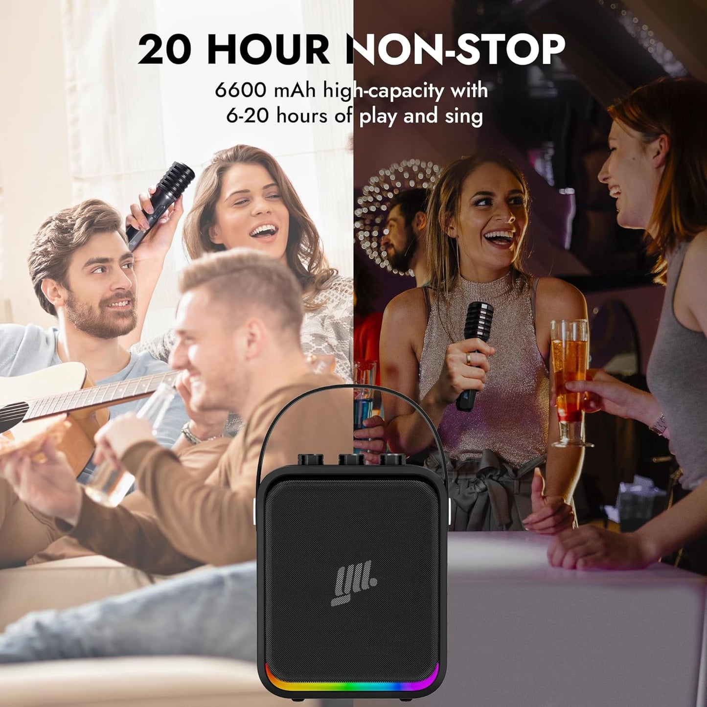 YLL Portable Bluetooth Karaoke Machine: 60W Powerful Speaker with 2 Wireless Microphones, Lightweight with Shoulder Strap, Perfect for Adults & Kids, Home & Outdoor Party