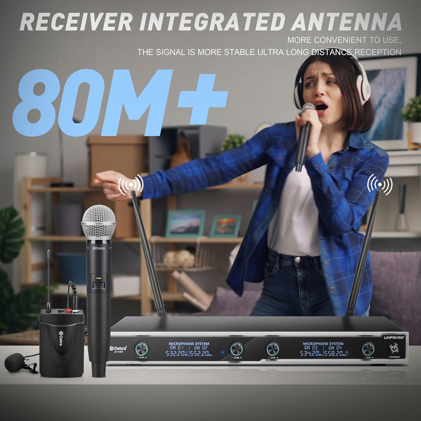 D Debra Audio D-440 UHF 4-Channel Wireless Microphone System with 4 Cordless Mics, Home Karaoke KTV Set, Ideal for Party, Church, Weddings, Stage, DJ, Outdoor, 300 Ft (4 Handheld)